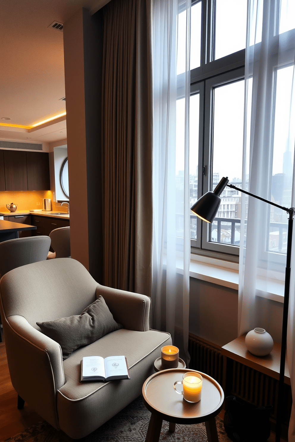 Cozy reading nook by the window. A plush armchair is positioned next to a large window, adorned with soft, sheer curtains that let in natural light. A small side table holds a stack of books and a steaming cup of tea. A floor lamp with a warm glow stands nearby, creating an inviting atmosphere for reading. Two Story Apartment Design Ideas. The first floor features an open-concept living area with a modern kitchen and a spacious living room that flows seamlessly into a dining space. The second floor includes a master bedroom with an ensuite bathroom, complemented by a cozy guest bedroom and a small home office.