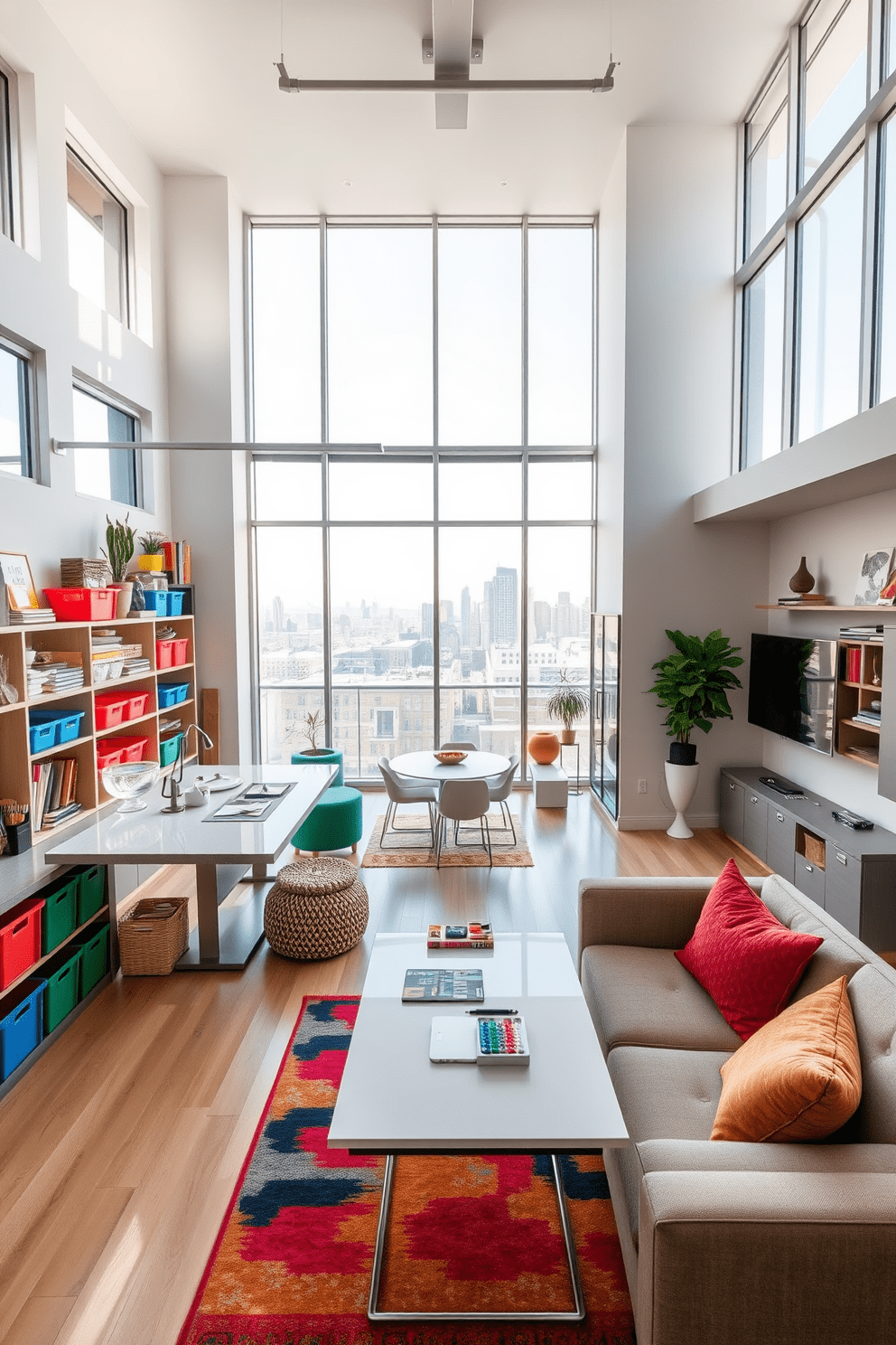 A bright and inviting multi-purpose space for hobbies and crafts. The room features a large worktable surrounded by colorful storage bins and shelves filled with supplies. Natural light floods the area through large windows, enhancing creativity. Cozy seating is arranged in a corner for relaxation and inspiration, with a vibrant rug adding warmth to the space. A stylish two-story apartment design with an open-concept living area. The first floor showcases a modern kitchen with an island that flows into a spacious living room, perfect for entertaining. The second floor offers a serene bedroom with a balcony overlooking the city skyline. Elegant finishes and thoughtful layouts create a harmonious balance between comfort and sophistication.