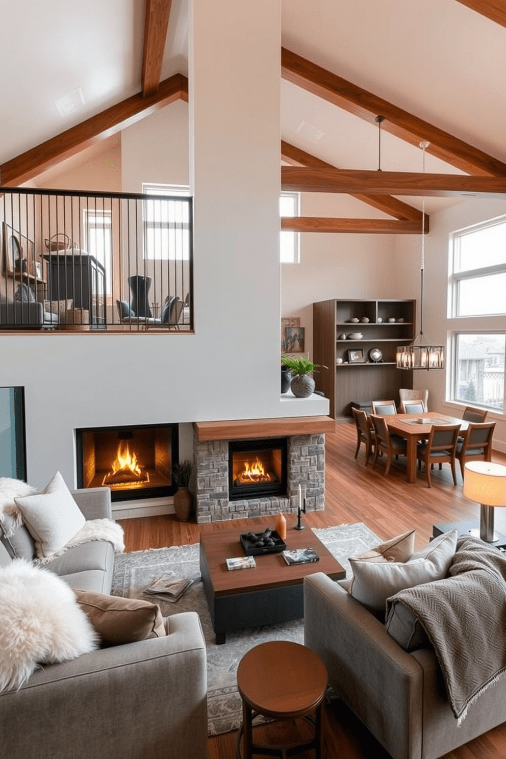 A warm fireplace serves as the focal point of a cozy two-story apartment. The surrounding area features plush seating, soft throws, and ambient lighting to create an inviting atmosphere. The open-concept living space flows seamlessly into the dining area, with large windows allowing natural light to fill the room. The decor combines modern and rustic elements, with wooden beams and contemporary furnishings enhancing the overall aesthetic.