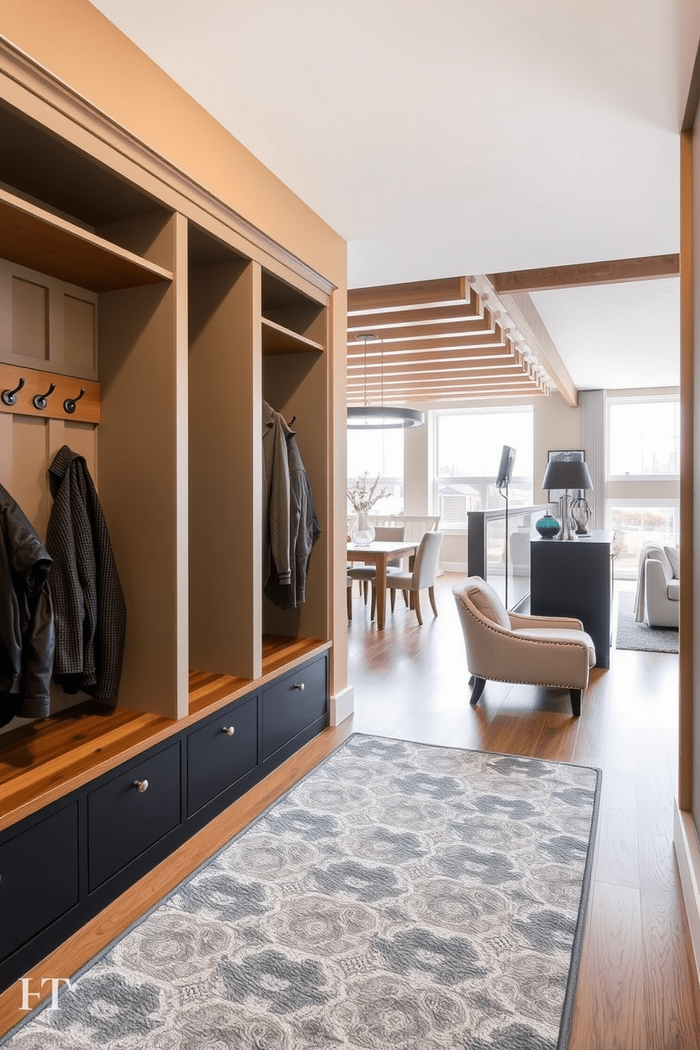 A stylish mudroom features built-in coat storage with wooden benches and hooks for hanging jackets. The walls are painted in a warm neutral tone, and a patterned area rug adds a touch of comfort underfoot. For the two-story apartment design, the open floor plan includes a spacious living area that flows into the kitchen. Large windows allow natural light to fill the space, while a modern staircase connects the two levels seamlessly.