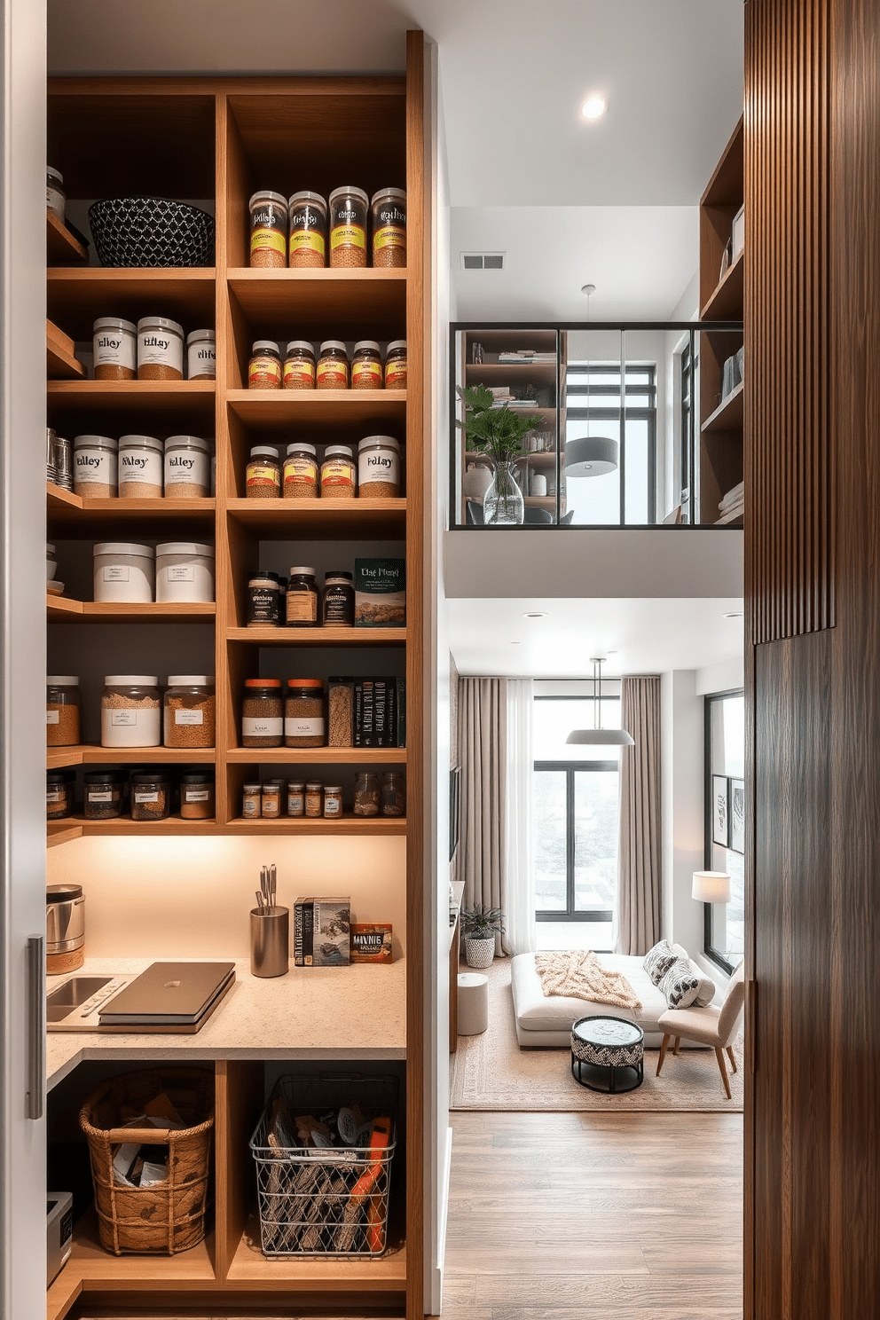 A functional pantry with organized shelves features a combination of open and closed storage solutions. The shelves are neatly arranged with labeled containers, spices, and kitchen essentials, while a small countertop area provides space for meal prep. For a two-story apartment design, the layout includes an open-concept living area that flows into a modern kitchen. The second floor features a cozy reading nook and spacious bedrooms with large windows that invite natural light.