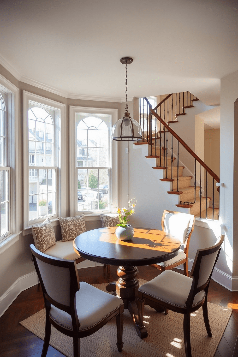 Charming breakfast nook with bay windows. The space features a round wooden table surrounded by cushioned chairs, bathed in natural light streaming through the windows. 2 Story apartment design ideas. The layout includes an open-concept living area on the first floor and a cozy bedroom retreat on the second, with elegant staircases connecting the two levels.