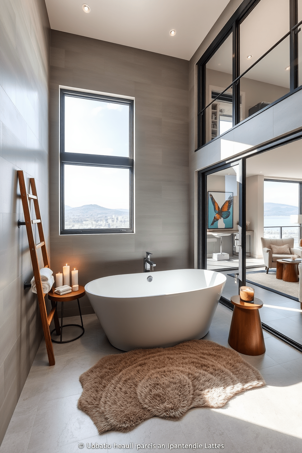 Elegant bathroom with a freestanding tub positioned under a large window that allows natural light to flood the space. The walls are adorned with soft gray tiles, and a plush area rug lies beneath the tub for added comfort. In the corner, a stylish wooden ladder holds neatly rolled towels, while a chic side table displays scented candles. The overall ambiance is enhanced by warm lighting fixtures that create a serene and inviting atmosphere. Two-story apartment design featuring an open-concept living area that seamlessly connects to a modern kitchen. Large glass doors lead to a private balcony, offering stunning views and ample outdoor space for entertaining. The second floor includes a cozy reading nook with built-in shelves and a comfortable armchair, perfect for relaxation. Neutral tones throughout the space are accented by vibrant artwork, adding personality and charm to the design.