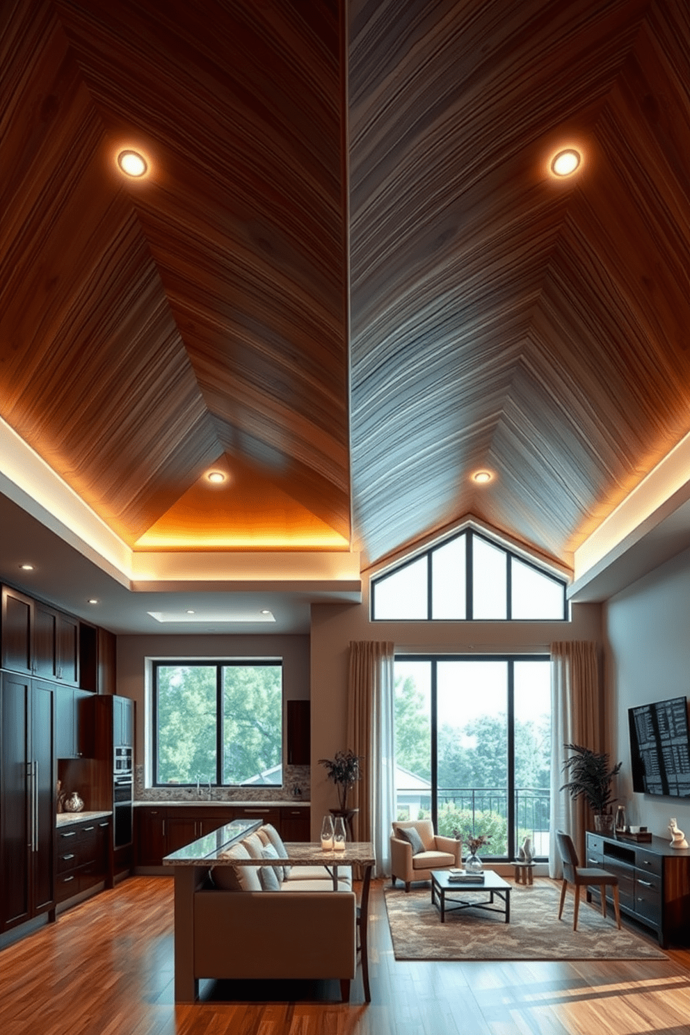 A unique ceiling design featuring intricate wood paneling that creates a warm and inviting atmosphere. The ceiling incorporates recessed lighting to highlight architectural details and enhance the overall aesthetic. For a two-story apartment design, envision an open-concept living space that seamlessly connects the living room and kitchen. Large windows allow natural light to flood the area, creating a bright and airy environment.