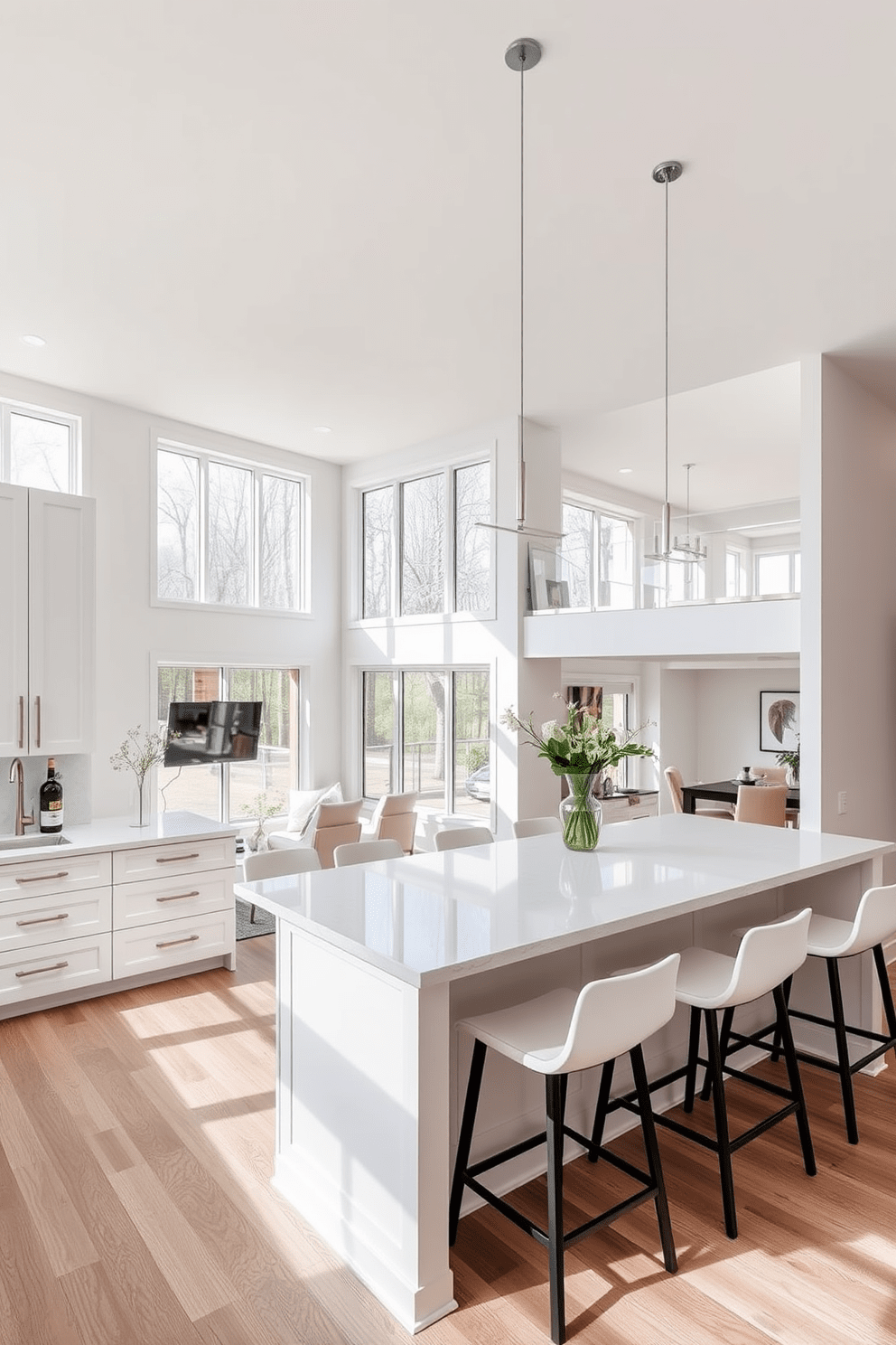 Bright kitchen with island seating. The space features white cabinetry with sleek handles and a large island topped with quartz, surrounded by modern bar stools. Two story apartment design ideas. The living area boasts high ceilings with large windows that flood the space with natural light, complemented by an open-concept layout that connects the kitchen and dining areas.