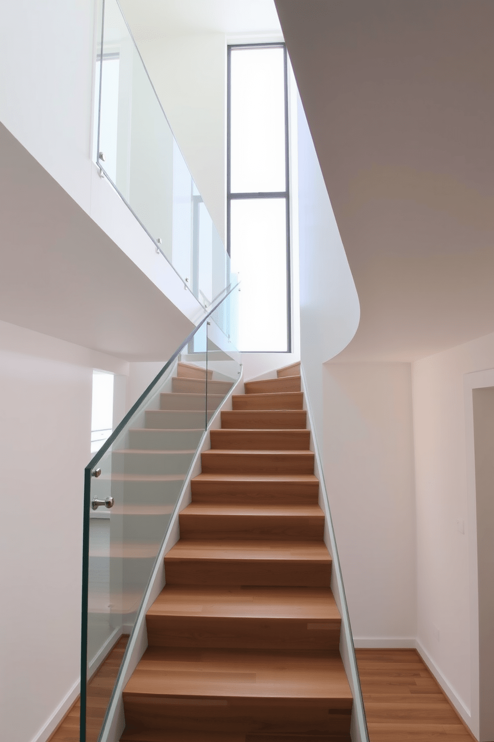 A modern staircase with a sleek glass railing ascends gracefully in a two-story apartment. The staircase features wide wooden treads, creating a warm contrast against the minimalist design of the surrounding space.