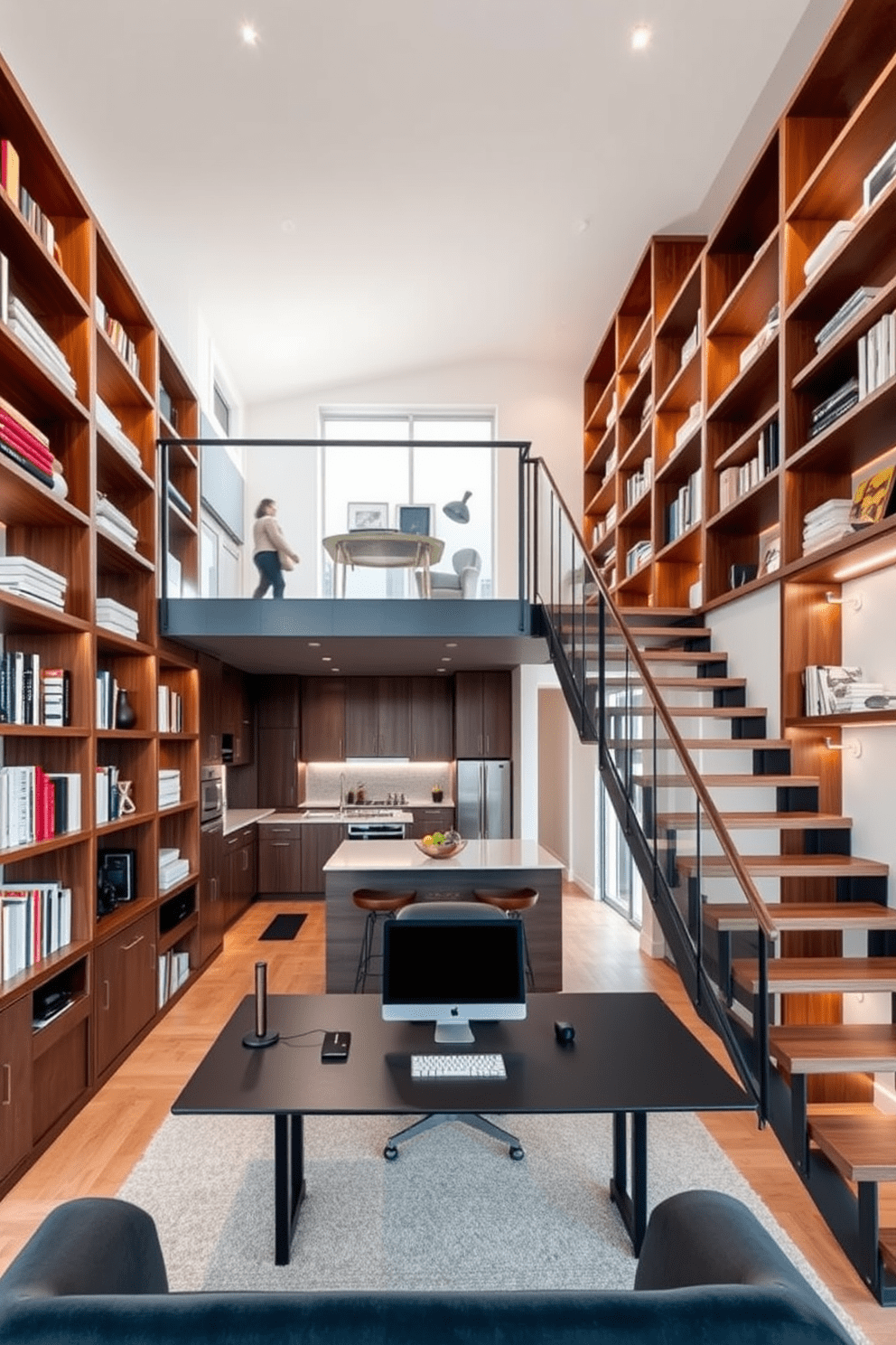 A stylish home office features built-in shelves that stretch from floor to ceiling, showcasing an array of books and decorative items. A sleek desk sits in front of a large window, allowing natural light to flood the space and create an inspiring work environment. For the two-story apartment design, the layout includes an open-concept living area that seamlessly connects the kitchen and dining space. A modern staircase leads to the upper level, where a cozy lounge area overlooks the main floor, enhancing the sense of openness and light.