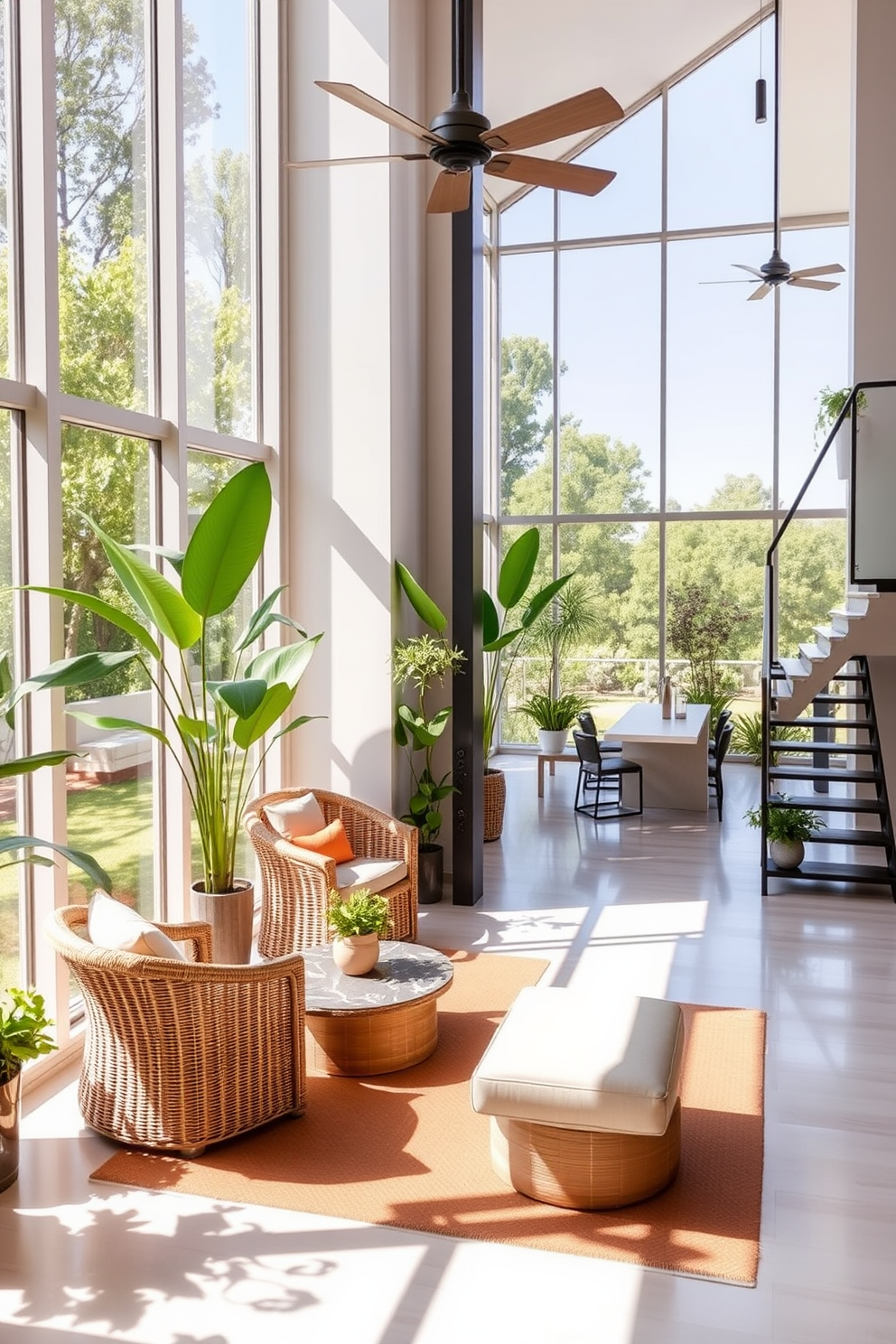 A light-filled sunroom for relaxation features large floor-to-ceiling windows that invite abundant natural light. The space is adorned with comfortable wicker furniture and vibrant indoor plants, creating a serene oasis. For a two-story apartment design, envision an open-concept living area with high ceilings and a sleek staircase. The layout includes a modern kitchen with an island, flowing seamlessly into the dining and living spaces, perfect for entertaining.