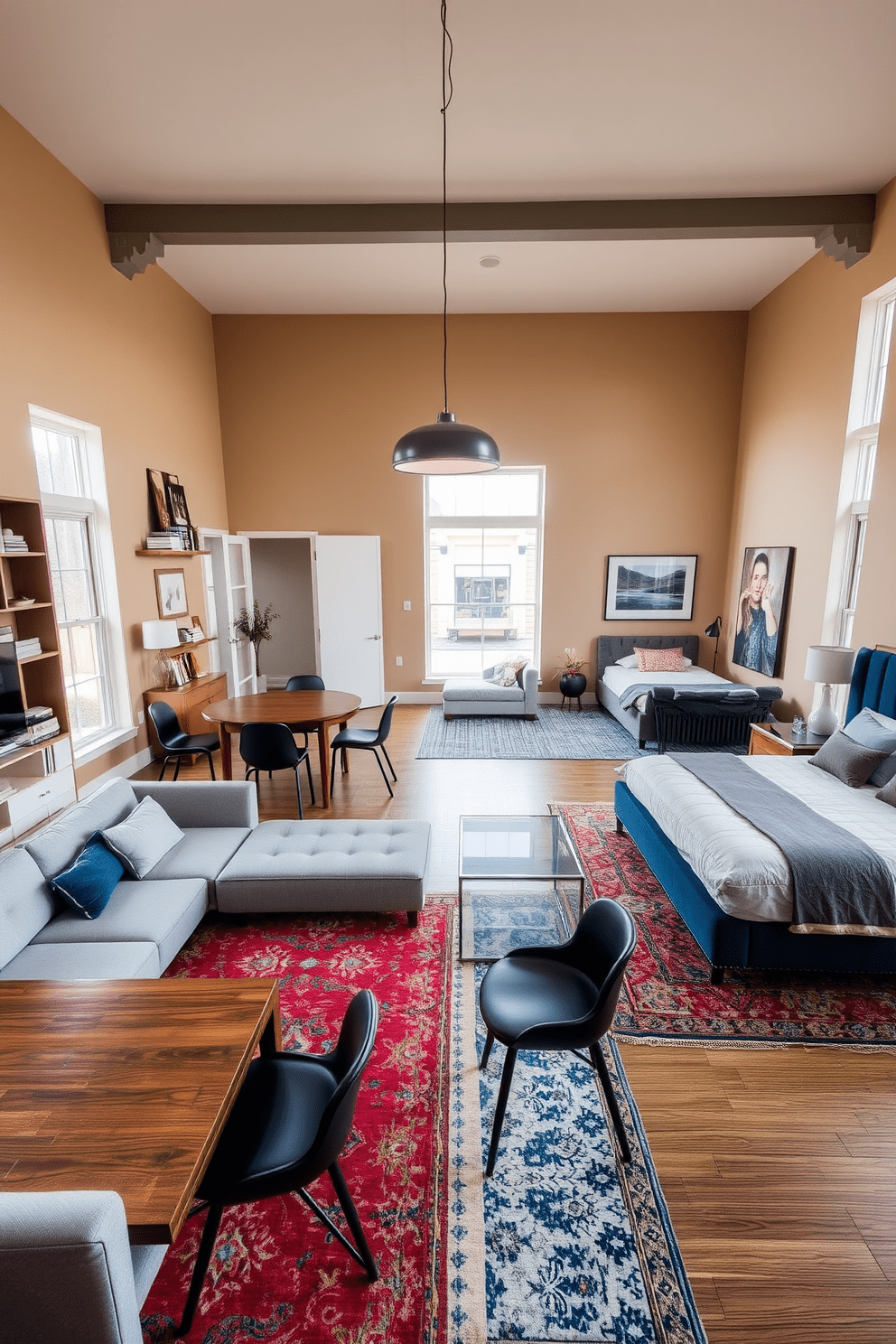 A spacious open concept living and dining area featuring a large sectional sofa in a soft gray fabric. The dining table is a modern wooden design with sleek black chairs surrounding it, and the space is illuminated by a stylish pendant light overhead. The walls are painted in a warm beige tone, complemented by large windows that allow natural light to flood the room. A colorful area rug anchors the seating area, and decorative shelves display curated art and books, adding a personal touch. In the three-bedroom apartment, the master bedroom showcases a king-sized bed with an upholstered headboard in a rich navy blue. Each bedroom is designed with a unique color palette, incorporating plush bedding and chic nightstands that enhance the overall aesthetic.