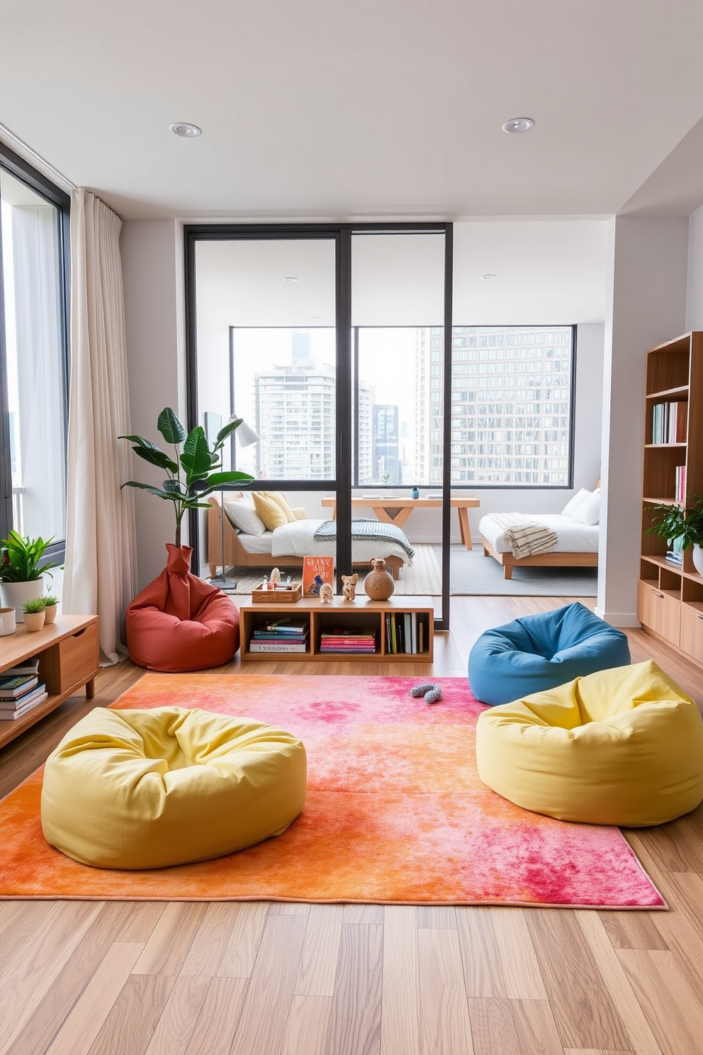 A cozy family-friendly play area in the living room features a soft area rug in bright colors that cushions the floor. There are plush bean bags scattered around and a low wooden shelf filled with books and toys, creating a welcoming space for children to play. The design of a three-bedroom apartment includes an open-concept living area with large windows that let in natural light. Each bedroom is thoughtfully decorated with soothing color palettes and functional furniture, ensuring a comfortable and stylish atmosphere for relaxation.