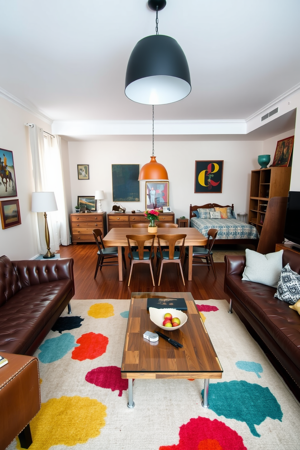 An eclectic mix of furniture styles fills the living room of a three-bedroom apartment. A vintage leather sofa is paired with a modern glass coffee table and a colorful abstract rug that ties the space together. In the dining area, a reclaimed wood table is surrounded by mismatched chairs, creating a casual yet inviting atmosphere. A bold pendant light hangs above the table, adding a touch of contemporary flair to the eclectic design. The bedrooms feature a blend of textures and colors, with one room showcasing a mid-century bed frame and a bohemian-inspired duvet. Artwork from various cultures adorns the walls, enhancing the unique character of each space.