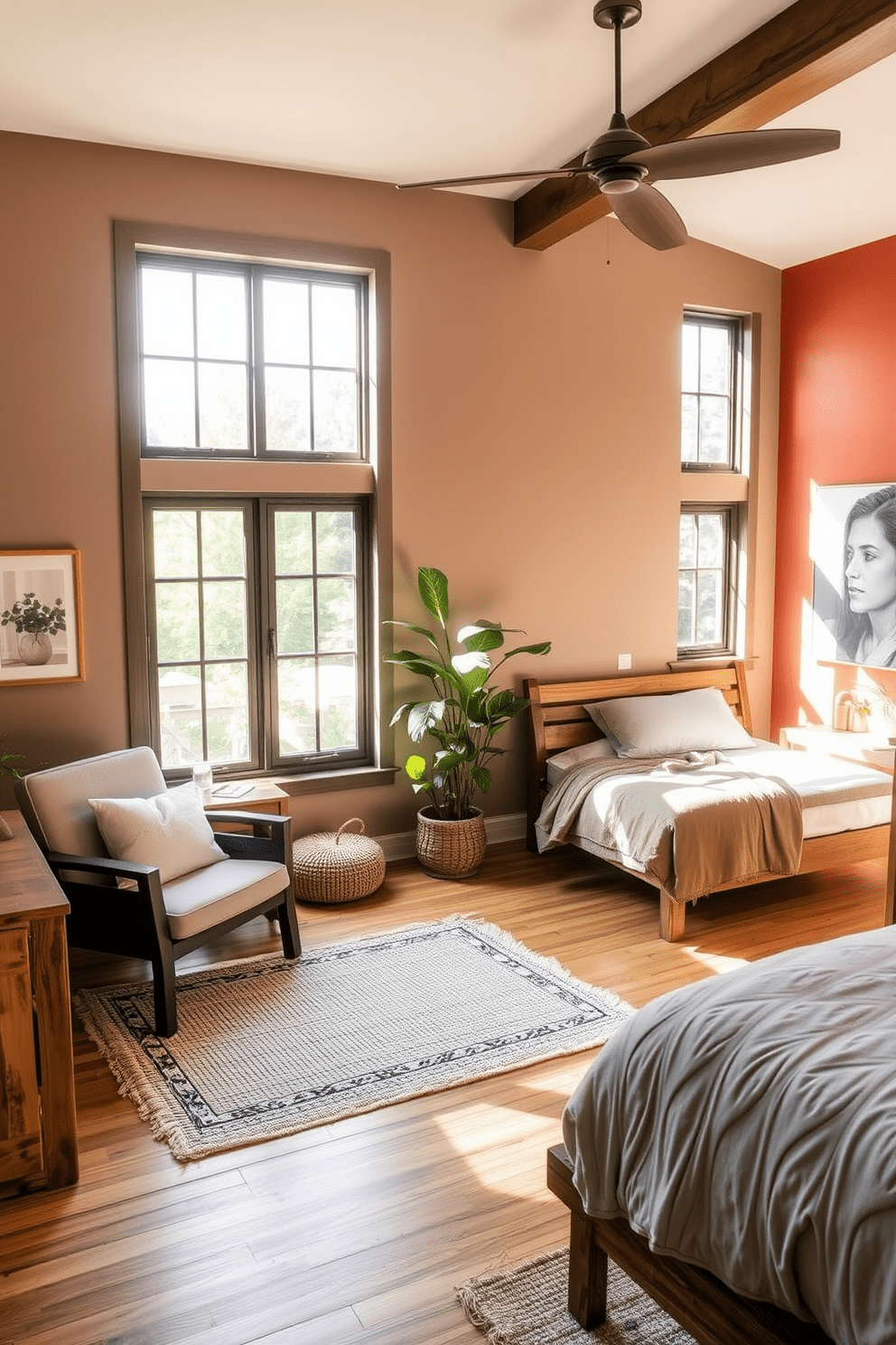 A serene bedroom featuring sustainable materials such as bamboo flooring and reclaimed wood furniture. The walls are painted in soft earth tones, and large windows allow natural light to flood the space. The master bedroom includes a cozy reading nook with a plush organic cotton armchair and a small bookshelf made from recycled materials. A handwoven rug made from natural fibers adds warmth and texture to the room. In the second bedroom, a minimalist design showcases a bed frame made from reclaimed wood and bedding crafted from organic linen. The decor includes potted plants that enhance the eco-friendly atmosphere. The third bedroom features a vibrant accent wall painted with low-VOC paint and a desk made from sustainable materials, perfect for a study area. Natural light streams in through energy-efficient windows, creating a bright and inviting space.