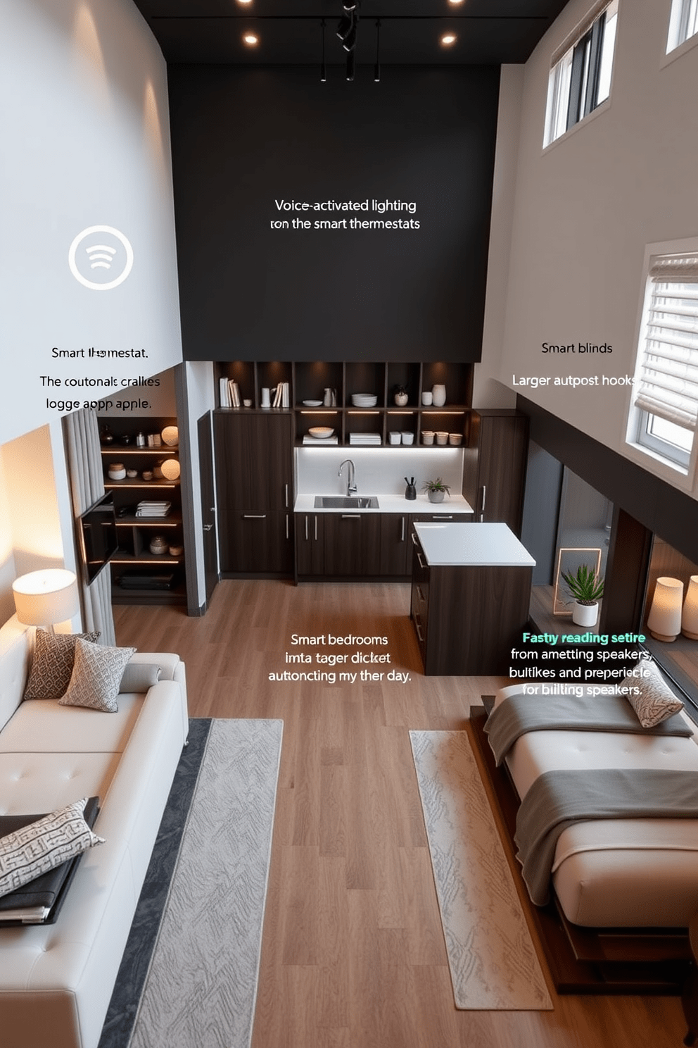 A modern three-bedroom apartment featuring smart home technology for convenience. The living room is equipped with voice-activated lighting and a smart thermostat, seamlessly integrated into a sleek design. The kitchen boasts smart appliances that can be controlled via a mobile app. Open shelving displays stylish dishware, while a large island provides additional workspace and seating. Each bedroom includes smart blinds that adjust automatically based on the time of day. The master suite features a cozy reading nook with built-in speakers for a relaxing atmosphere.