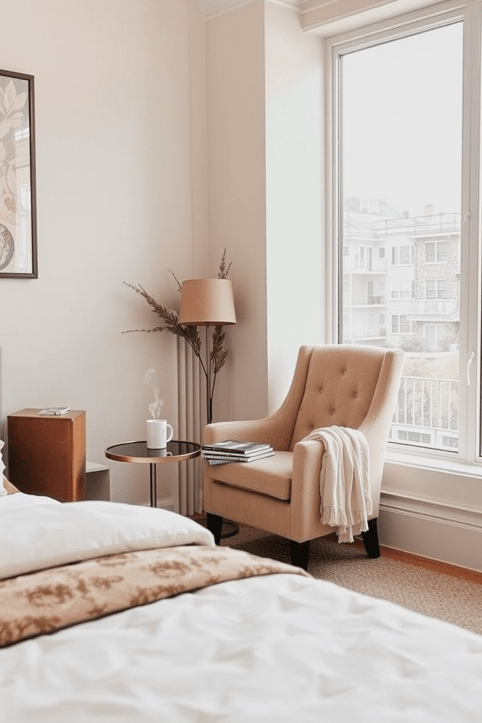 Cozy reading nook by the window. A plush armchair is positioned next to a large window, bathed in natural light, with a small side table holding a steaming cup of tea. The walls are painted in soft pastel shades, creating a warm and inviting atmosphere. A stack of books is neatly arranged on the table, while a soft throw blanket drapes over the armchair, inviting relaxation. Three bedroom apartment design ideas. The master bedroom features a king-sized bed with a tufted headboard and luxurious bedding, complemented by elegant bedside lamps. The second bedroom is designed as a serene guest room with a queen-sized bed, soft linens, and a cozy reading corner. The third bedroom serves as a stylish home office, with a sleek desk, comfortable chair, and inspiring decor that balances work and relaxation.