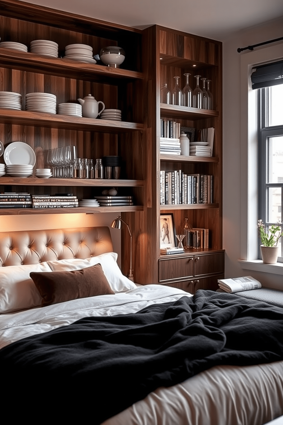 Open shelving for kitchen organization. The shelves are made of reclaimed wood and are filled with neatly arranged dishes, glassware, and cookbooks. Three bedroom apartment design ideas. The master bedroom features a plush king-sized bed with a tufted headboard, soft lighting, and a cozy reading nook by the window.