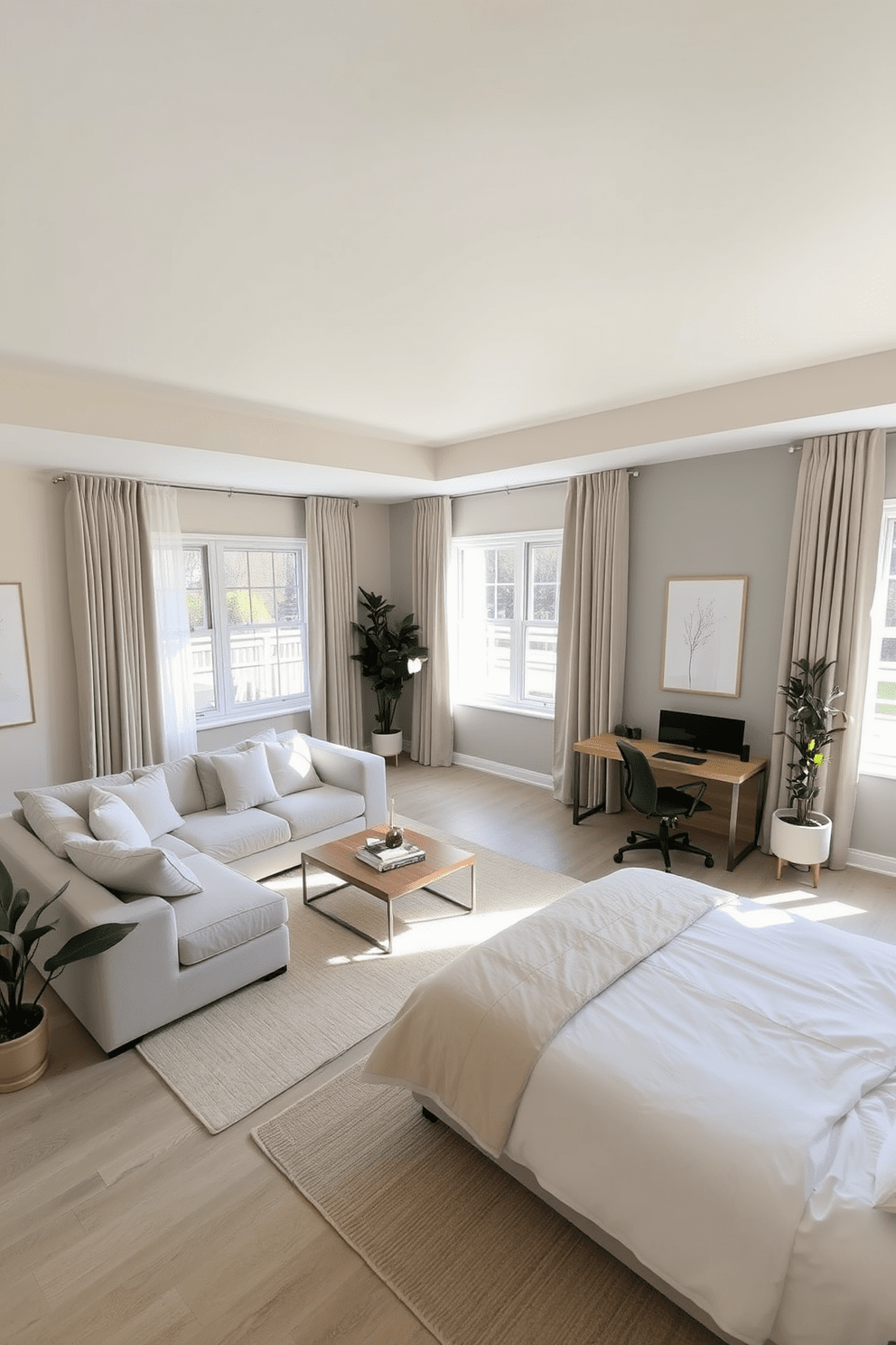 A serene three-bedroom apartment featuring a neutral color palette that promotes a calm vibe. The living room showcases soft beige walls paired with a light gray sectional sofa, accented by plush white throw pillows and a natural wood coffee table. The master bedroom includes a king-sized bed with a cream-colored duvet and matching bedside tables. Large windows allow natural light to flood the space, highlighting the soft taupe curtains that gently frame the view. The second bedroom is designed as a cozy guest room with a queen bed dressed in light linen sheets and a subtle pastel throw. A minimalist desk in the corner provides a functional workspace, while a simple wall art piece adds a touch of elegance. The third bedroom serves as a stylish home office with a sleek desk and ergonomic chair. The walls are painted in a soft gray, complemented by a few indoor plants that bring life and tranquility to the environment.