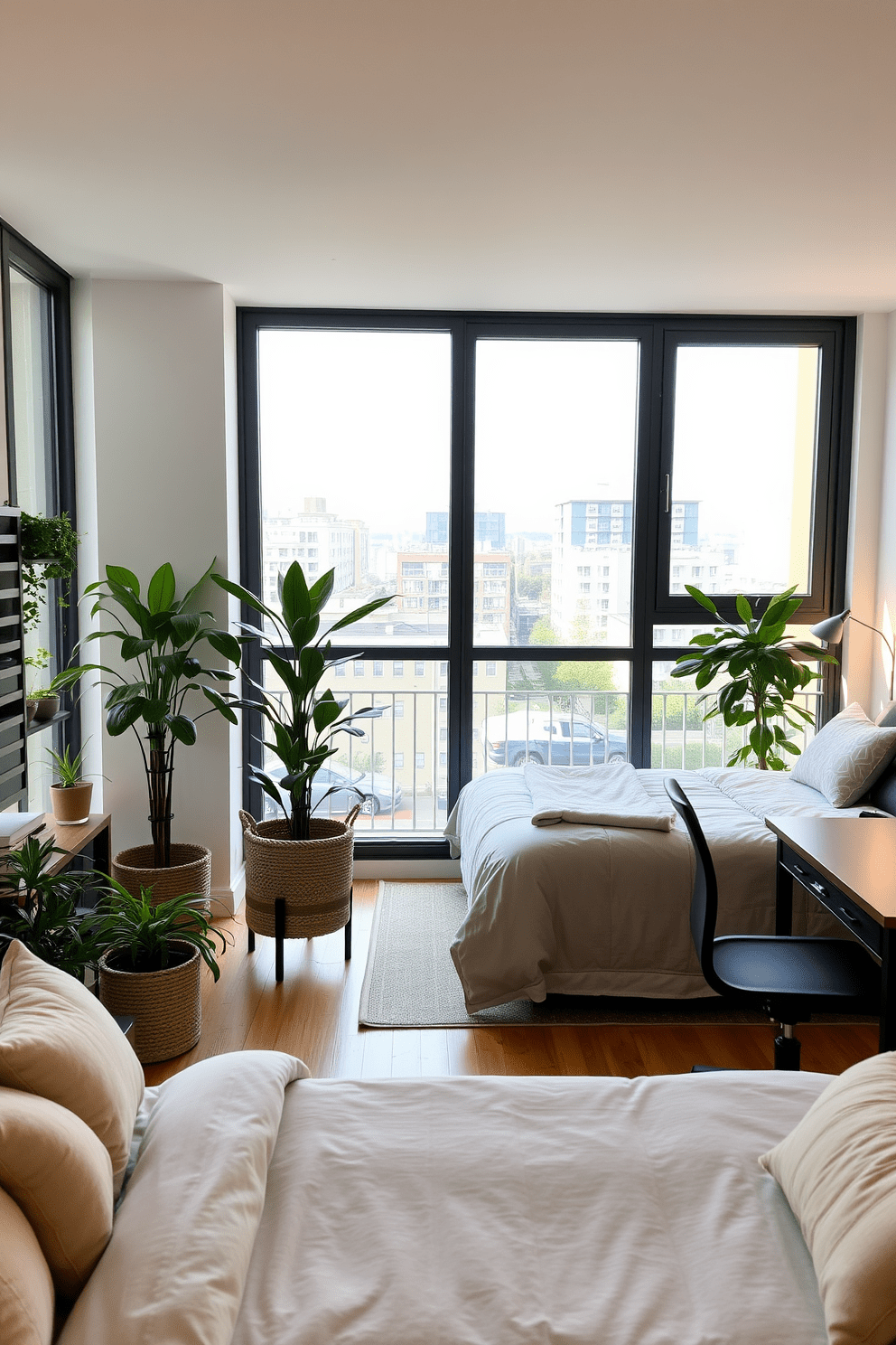 A stylish three-bedroom apartment featuring a spacious living room with large windows that allow natural light to flood in. Indoor plants are strategically placed in each room, adding a touch of greenery and enhancing the fresh air quality. The master bedroom includes a plush king-size bed with a soft, neutral-colored duvet and matching pillows. A corner shelf is adorned with potted plants, creating a serene and inviting atmosphere. The second bedroom is designed as a cozy guest room with a queen-size bed and warm lighting. A tall plant in a woven basket stands beside the bed, complementing the room's decor. The third bedroom serves as a functional home office, featuring a sleek desk and ergonomic chair. A small indoor plant on the desk adds a refreshing touch to the workspace while promoting a sense of calm.