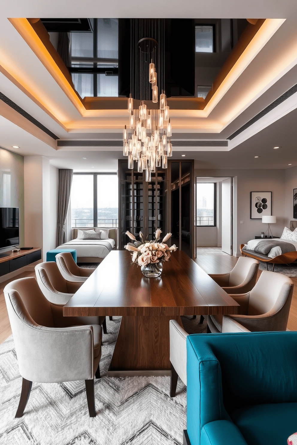 A stunning dining area features a statement lighting fixture that cascades elegantly from the ceiling. The space is adorned with a large wooden dining table surrounded by plush upholstered chairs, creating an inviting atmosphere. The three-bedroom apartment design showcases a harmonious blend of modern aesthetics and comfort. Each bedroom is thoughtfully designed with unique color palettes and stylish furnishings that reflect individual personalities.