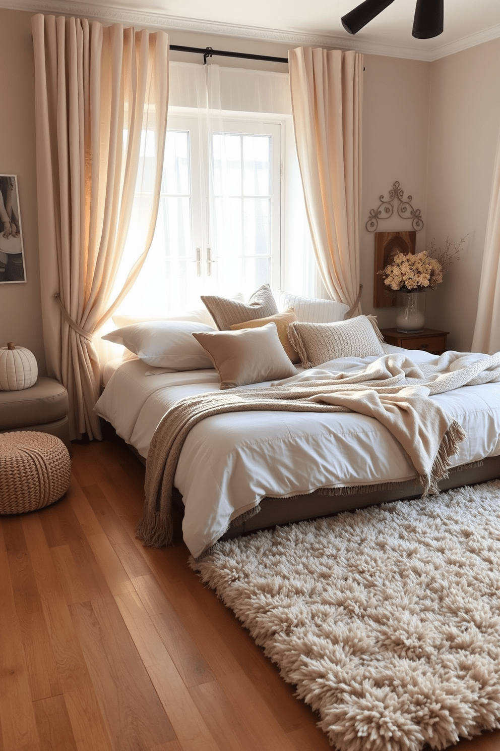 A cozy bedroom featuring soft textiles that create a warm atmosphere. The bed is dressed in plush bedding with layered throws and an array of decorative pillows. Natural light filters through sheer curtains, enhancing the inviting ambiance. A plush area rug in neutral tones anchors the space, adding comfort underfoot.