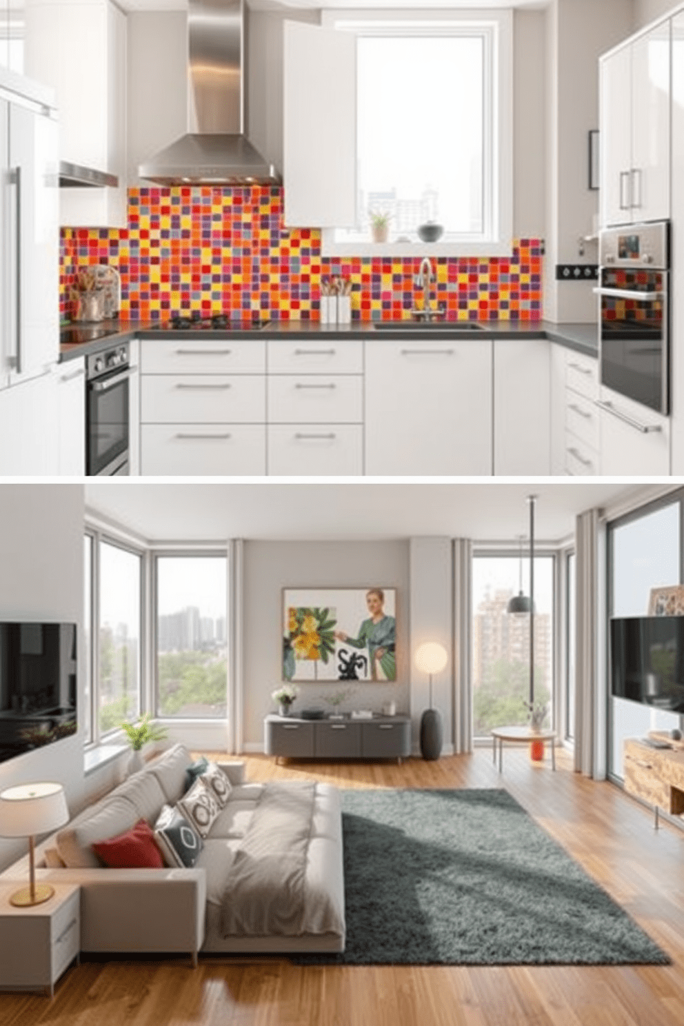 A brightly colored kitchen backsplash features vibrant ceramic tiles in a mosaic pattern that energizes the space. The backsplash complements sleek white cabinetry and stainless steel appliances, creating a modern yet inviting atmosphere. The design for a three-bedroom apartment includes an open-concept living area with large windows that flood the space with natural light. Each bedroom is uniquely styled with a mix of contemporary furnishings and warm color palettes, ensuring comfort and elegance throughout.