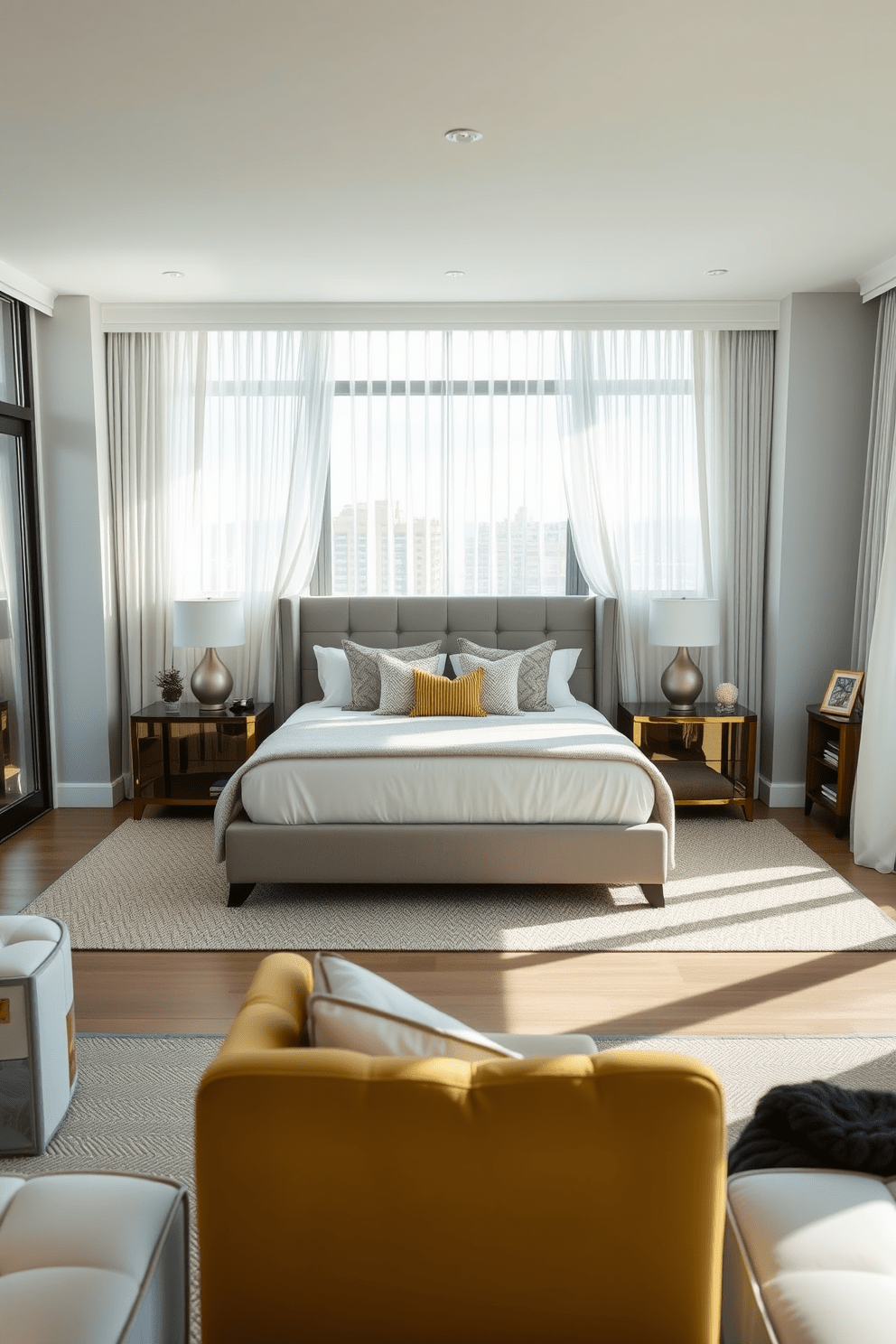 Bright and airy master bedroom retreat. The room features large windows that let in natural light, with sheer white curtains gently billowing in the breeze. A plush king-sized bed is centered against a soft gray accent wall, adorned with a mix of textured pillows and a cozy throw blanket. Flanking the bed are elegant nightstands topped with stylish lamps, while a comfortable reading nook with a chair and small bookshelf sits in one corner. 3 Bedroom Apartment Design Ideas. The open-plan living space combines the living room, dining area, and kitchen, creating a seamless flow for entertaining. Each bedroom is designed with a unique color palette, ensuring a cohesive yet distinct look throughout the apartment. Modern furnishings and clever storage solutions maximize space while maintaining a chic aesthetic.