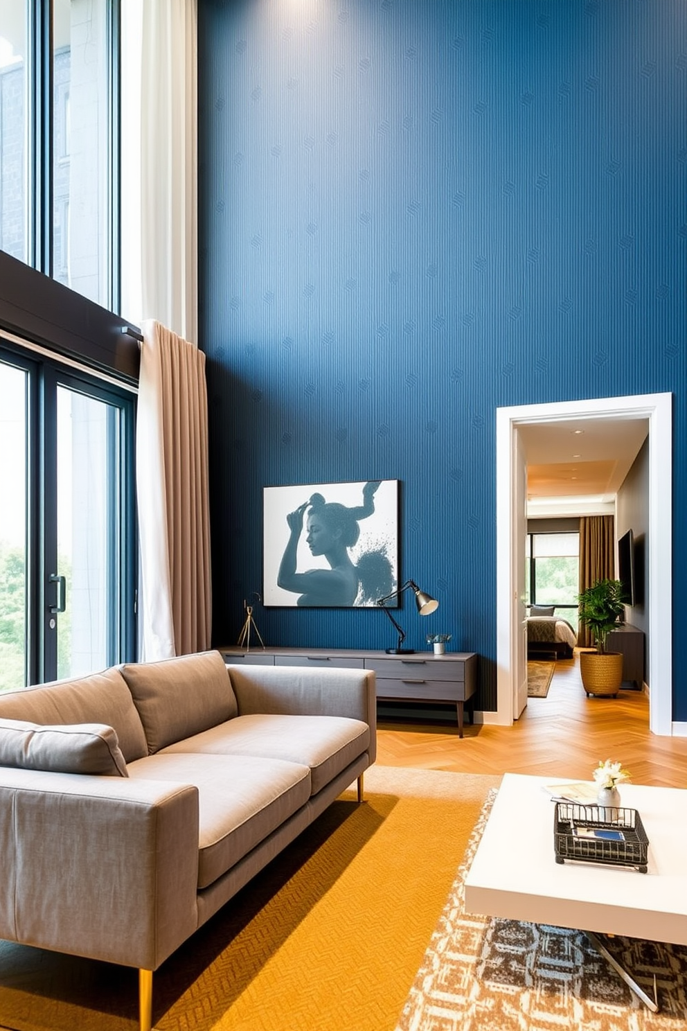 A stylish accent wall in the living room features a rich navy blue color with a textured wallpaper design that adds depth and character. Complementing the wall, a sleek modern sofa in a light gray fabric faces a minimalist coffee table, creating a cozy yet sophisticated seating area. For the three-bedroom apartment design, the layout incorporates an open-concept living and dining area with large windows that allow natural light to flood the space. Each bedroom is designed with a unique theme, showcasing a blend of contemporary furniture and warm color palettes to create inviting retreats.