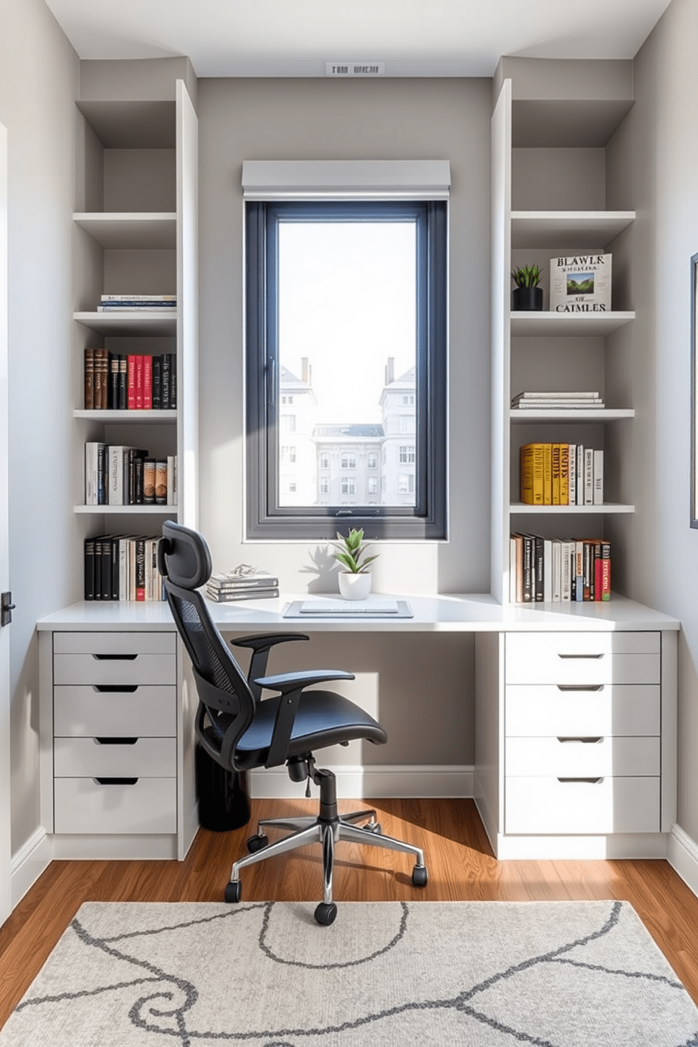 A functional home office designed for a three-bedroom apartment features a sleek desk positioned against a large window, allowing natural light to illuminate the workspace. The walls are painted in a soft gray, and built-in shelves provide ample storage for books and office supplies, creating an organized and inspiring environment. The office includes a comfortable ergonomic chair and a stylish area rug that adds warmth to the space. A small potted plant sits on the desk, bringing a touch of greenery and life to the room.