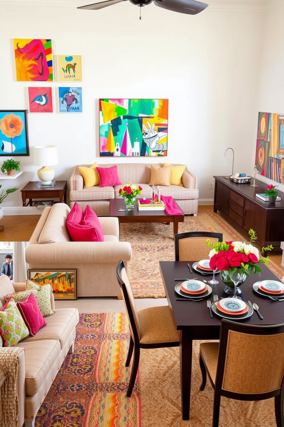 Create a vibrant living room that features colorful artwork adorning the walls to add personality and energy to the space. The furniture is arranged to encourage conversation, with a plush sofa and stylish armchairs complementing the art pieces. Design a cozy bedroom that incorporates colorful accent pillows and a bright throw blanket on the bed. The walls are painted in a soft neutral tone to allow the artwork and textiles to stand out while creating a serene atmosphere. Envision a dining area that showcases a large abstract painting as a focal point above the sideboard. The table is set with colorful dinnerware and fresh flowers, enhancing the inviting and lively ambiance of the room. Imagine a home office that incorporates a bold piece of artwork that inspires creativity. The desk is positioned to face the artwork, creating a stimulating environment for productivity and focus.