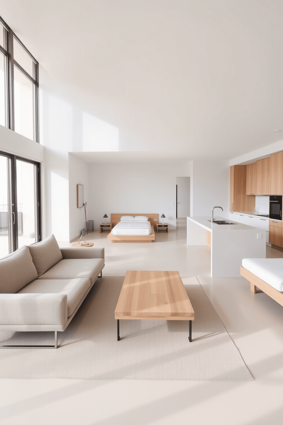 A minimalist three-bedroom apartment featuring open spaces and natural light. The living area includes a low-profile sofa with a neutral color palette and a simple coffee table made of light wood. The kitchen boasts clean lines with integrated appliances and a large island that doubles as a breakfast bar. Each bedroom is designed with essential furniture, including a platform bed and minimalistic nightstands, promoting a serene atmosphere.