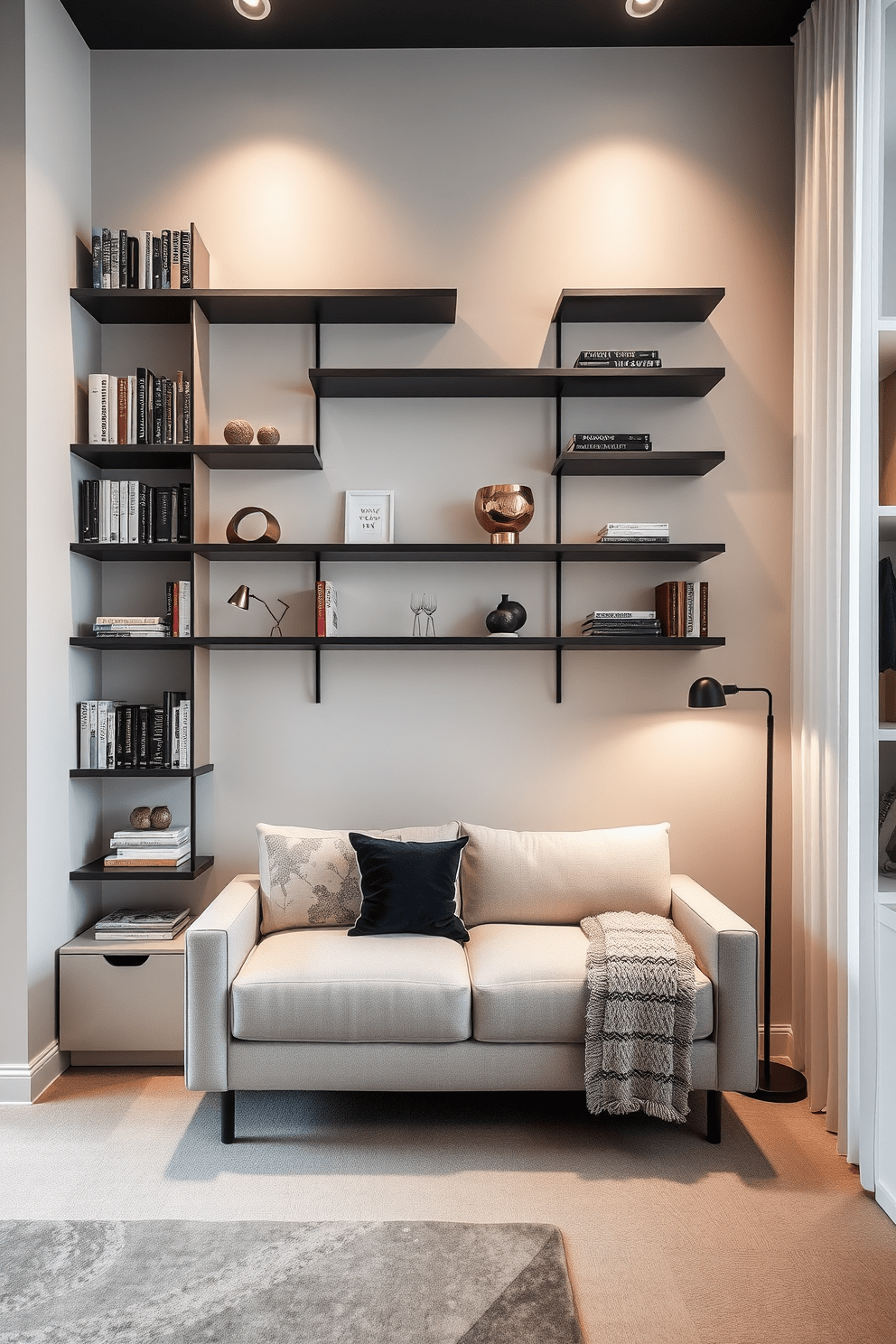 A modern apartment design featuring vertical storage solutions. The walls are adorned with sleek, open shelves that display books and decorative items, maximizing space in the 500 square foot layout. The living area includes a compact sofa that complements the shelves, creating an inviting atmosphere. Soft, neutral tones are used throughout, enhancing the sense of openness and light.