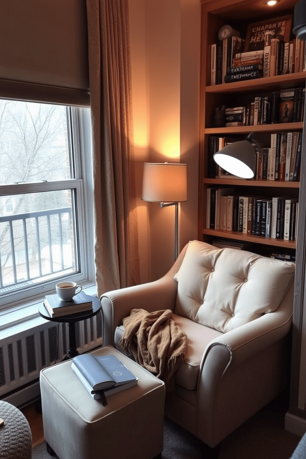 A cozy reading nook in a 500 square foot apartment features a plush armchair upholstered in soft fabric, positioned beside a large window that lets in natural light. A small side table holds a steaming cup of tea and a stack of books, while a warm throw blanket is draped over the armchair for added comfort. The nook is adorned with a bookshelf filled with an array of novels and decorative items, creating a personal touch. Soft, ambient lighting from a nearby floor lamp enhances the inviting atmosphere, making it the perfect spot for relaxation and escape.