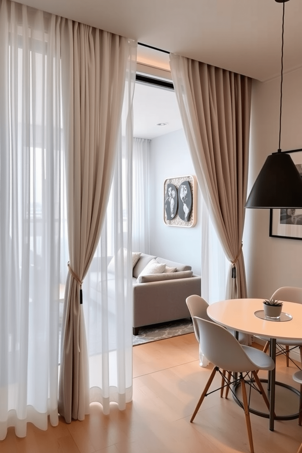 A stylish apartment layout featuring sheer curtains that elegantly separate the living areas creating a sense of openness. The living space includes a cozy sofa and a small coffee table, while the dining area showcases a round table with modern chairs.