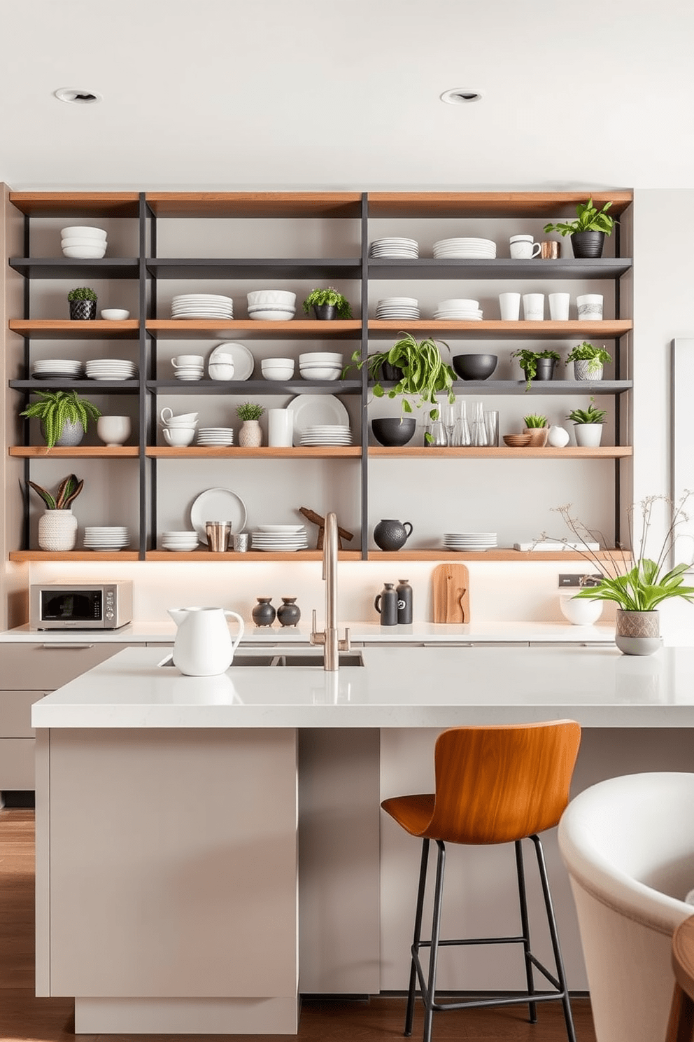 A modern kitchen featuring open shelving that showcases an array of stylish dishware and decorative plants. The layout includes a central island with bar seating, complemented by sleek cabinetry and a neutral color palette.