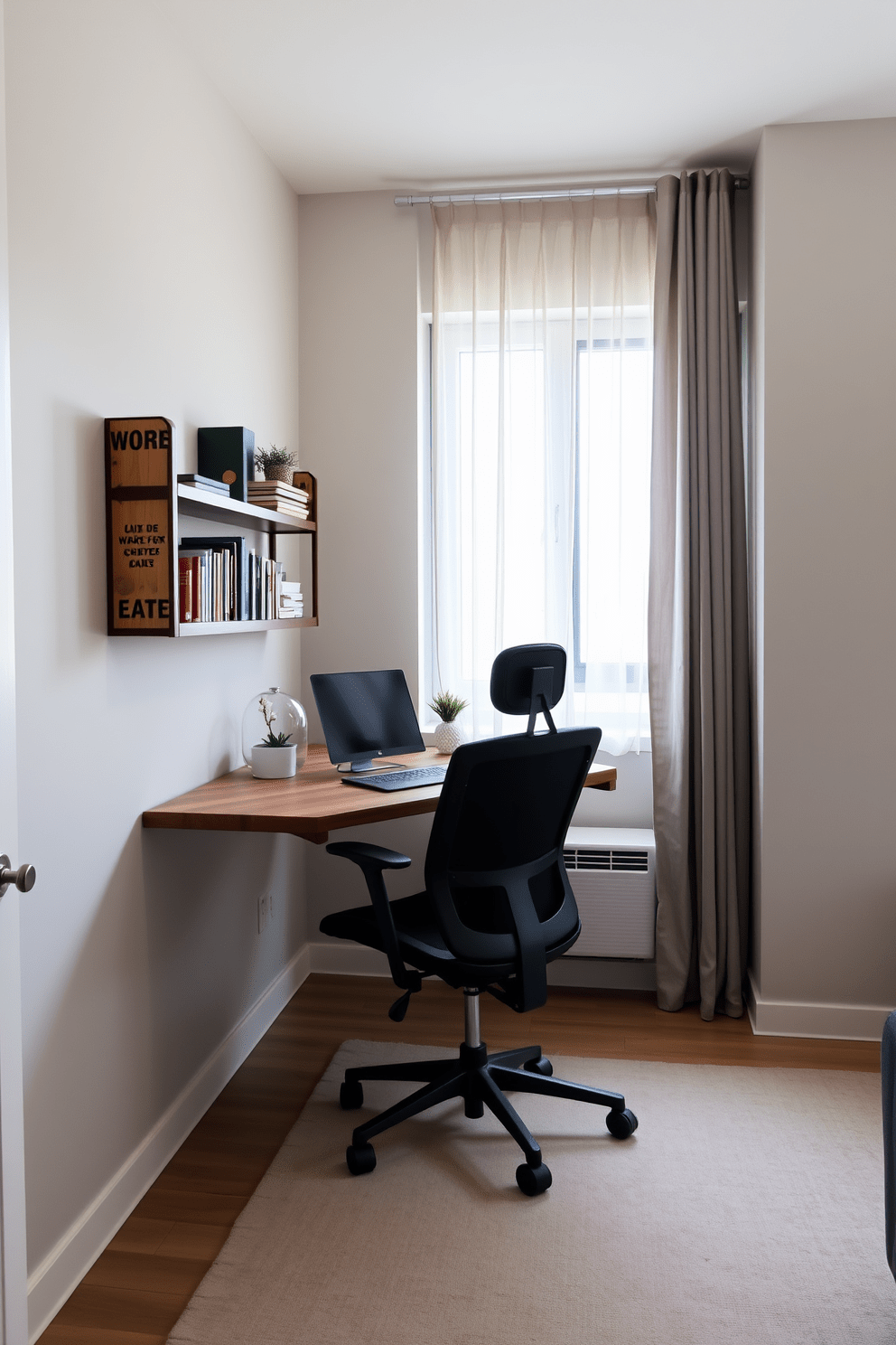 A stylish compact home office corner in a 500 square foot apartment. The space features a sleek desk made of reclaimed wood paired with a comfortable ergonomic chair, and a wall-mounted shelf holds books and decorative items. Natural light floods the area through a large window adorned with sheer curtains. The walls are painted a calming light gray, and a soft area rug in a muted color adds warmth to the floor.