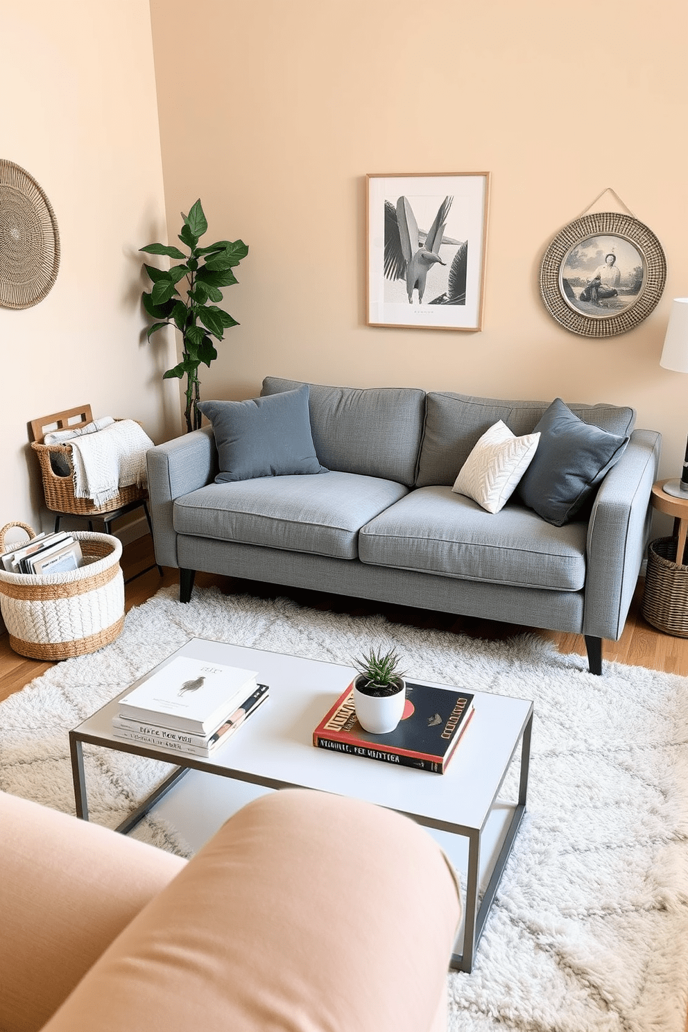 A cozy living room in a 500 square foot apartment featuring decorative baskets for stylish storage. The walls are painted in a warm beige tone, and a plush gray sofa is centered in the space, complemented by a soft area rug. In one corner, a large decorative basket holds extra blankets, while another smaller basket is used for magazines. A sleek coffee table sits in front of the sofa, adorned with a few decorative books and a small potted plant.