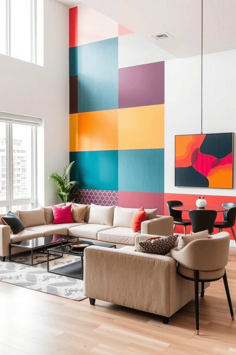 A modern apartment living room featuring a statement wall with bold geometric patterns in rich colors. The space includes a plush sectional sofa in a neutral tone, paired with a sleek coffee table and vibrant accent pillows. Adjacent to the living area, a stylish dining nook showcases a round table with contemporary chairs. Large windows allow natural light to flood the space, highlighting the unique artwork displayed on the statement wall.