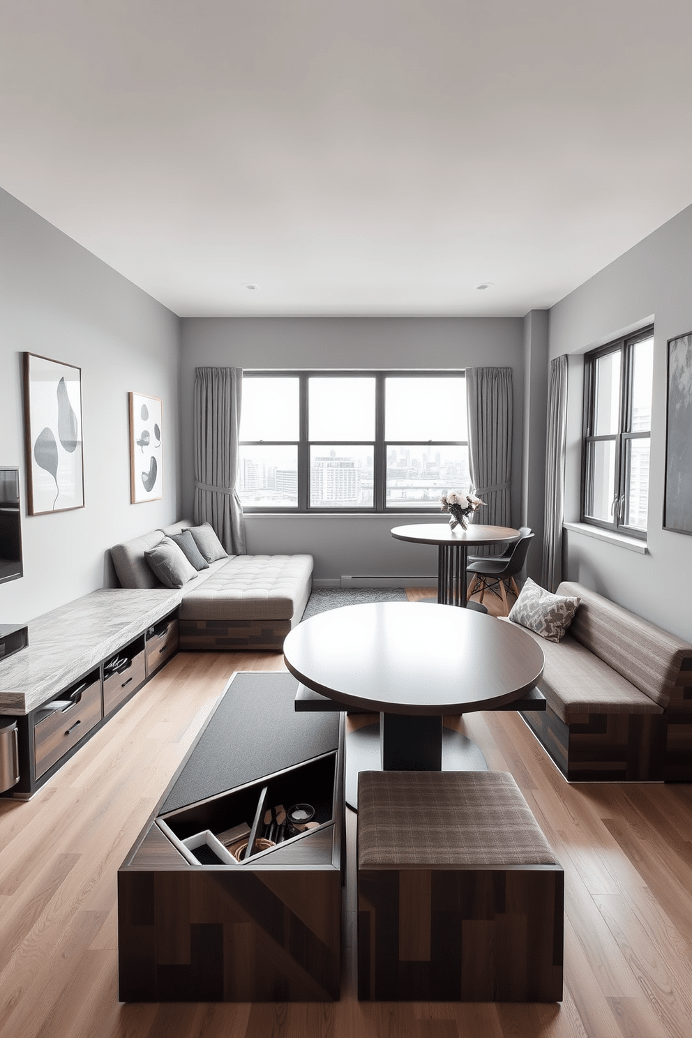 A modern apartment design featuring a cozy living area with a sectional sofa that includes built-in storage underneath. The walls are painted in a soft gray, and a sleek coffee table with hidden compartments sits in front of the sofa. In the dining area, a round table with storage benches surrounds it, providing both seating and space for stowing away items. Large windows allow natural light to flood the room, complemented by light wood flooring for an airy feel.