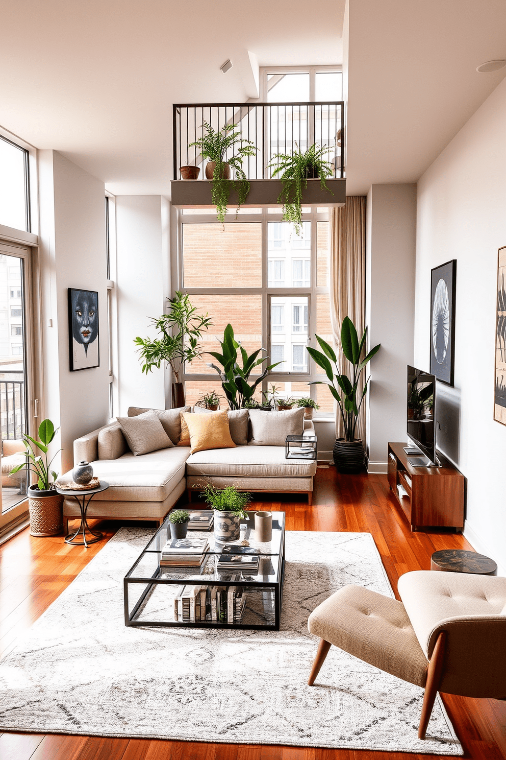 A stylish apartment living room featuring a cozy seating area with a plush sectional sofa and a sleek coffee table. Large windows allow natural light to flood the space, highlighting the warm wooden floors and soft neutral color palette. In one corner, a small balcony garden adds a touch of greenery, complete with potted plants and a small bistro table for outdoor relaxation. The walls are adorned with contemporary art pieces, and a stylish area rug ties the room together.