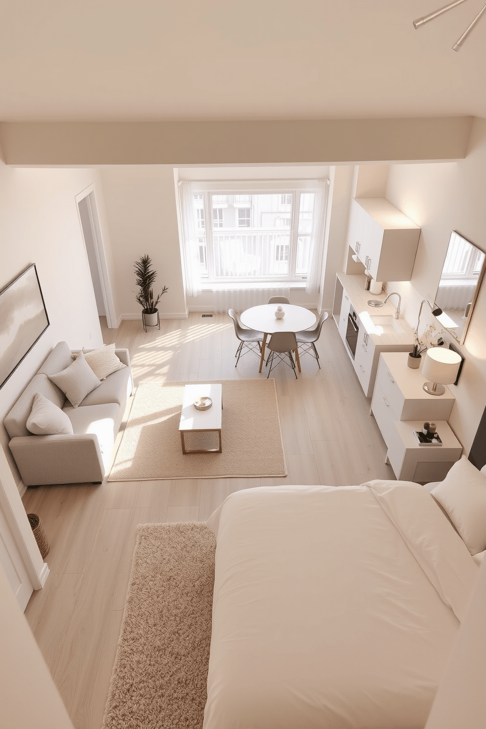 A tranquil apartment setting designed within 500 square feet. The open layout features a neutral color scheme with soft beige walls and light gray furniture for a calming atmosphere. The living area includes a cozy sofa paired with a minimalist coffee table and a plush area rug. Large windows allow natural light to flood the space, enhancing the serene ambiance. In the kitchen, sleek white cabinetry complements the light wood accents and stainless steel appliances. A small dining table with simple chairs creates an inviting nook for meals. The bedroom showcases a comfortable bed dressed in soft linens and a muted color palette. A stylish nightstand holds a decorative lamp and a few books, adding to the room's peaceful vibe. The bathroom features a modern vanity with a clean design and a large mirror. Soft lighting and neutral tiles complete the calming retreat, making it a perfect sanctuary.