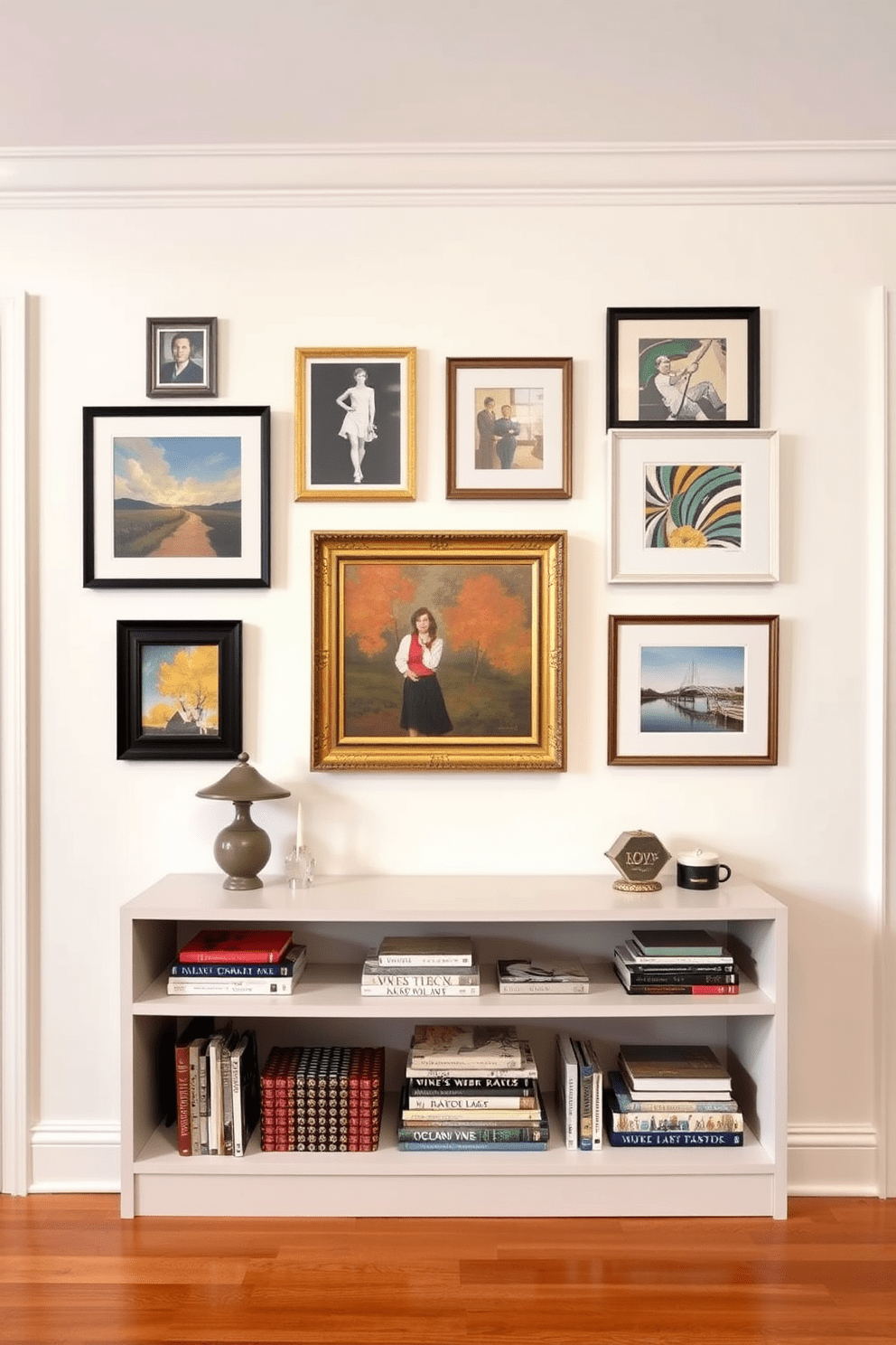 Create a gallery wall featuring a curated collection of personal artwork. The wall is painted in a soft white hue to enhance the colors of the art pieces, which include framed paintings, photographs, and mixed media. Incorporate a stylish console table below the gallery wall to display decorative items and books. The flooring is a warm hardwood that complements the overall aesthetic of the space.