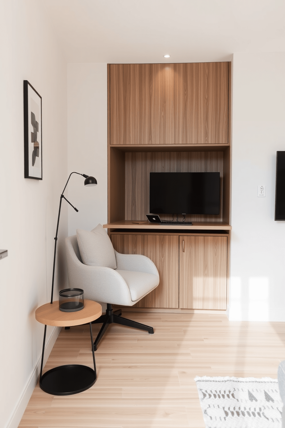 A modern apartment design featuring a fold-out desk that seamlessly integrates into the living space for optimal workspace flexibility. The area is defined by light wood flooring and soft, neutral wall colors, creating a bright and airy atmosphere. Incorporate a cozy seating nook beside the desk, complete with a plush chair and a small side table for added functionality. The overall layout maximizes the 500 square feet, ensuring both style and practicality in a compact living environment.