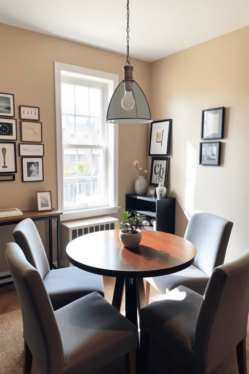 A cozy dining area within a 500 square foot apartment features a round wooden table surrounded by four upholstered chairs in soft gray fabric. Natural light floods the space through a large window, highlighting a small potted plant on the table and a stylish pendant light hanging above. The walls are painted in a warm beige tone, creating an inviting atmosphere, while a gallery wall of framed art adds personality to the space. A narrow console table against one wall holds decorative items and a few books, enhancing the overall aesthetic of the apartment.