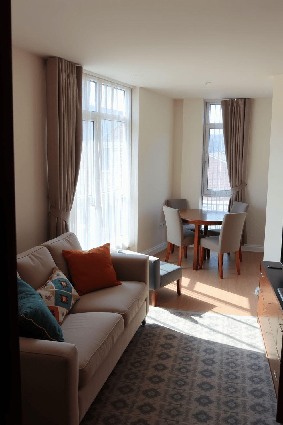 A cozy living room in a 500 sqft apartment featuring a plush sofa adorned with colorful decorative pillows for added comfort. The walls are painted in a soft beige, and a stylish area rug anchors the seating area, creating an inviting atmosphere. Adjacent to the living room, a compact dining space includes a round wooden table surrounded by four upholstered chairs, enhancing the space's functionality. Large windows allow natural light to flood the room, complemented by sheer curtains that add a touch of elegance.