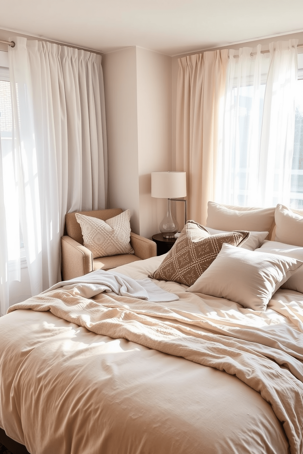 A cozy bedroom setting featuring a plush bedding set in soft neutral tones. The bed is adorned with layered blankets and decorative pillows, creating an inviting atmosphere. In the corner, a small reading nook with a comfortable armchair and a side table adds warmth to the space. Natural light filters in through sheer curtains, enhancing the overall cozy feel of the 500 sqft apartment.