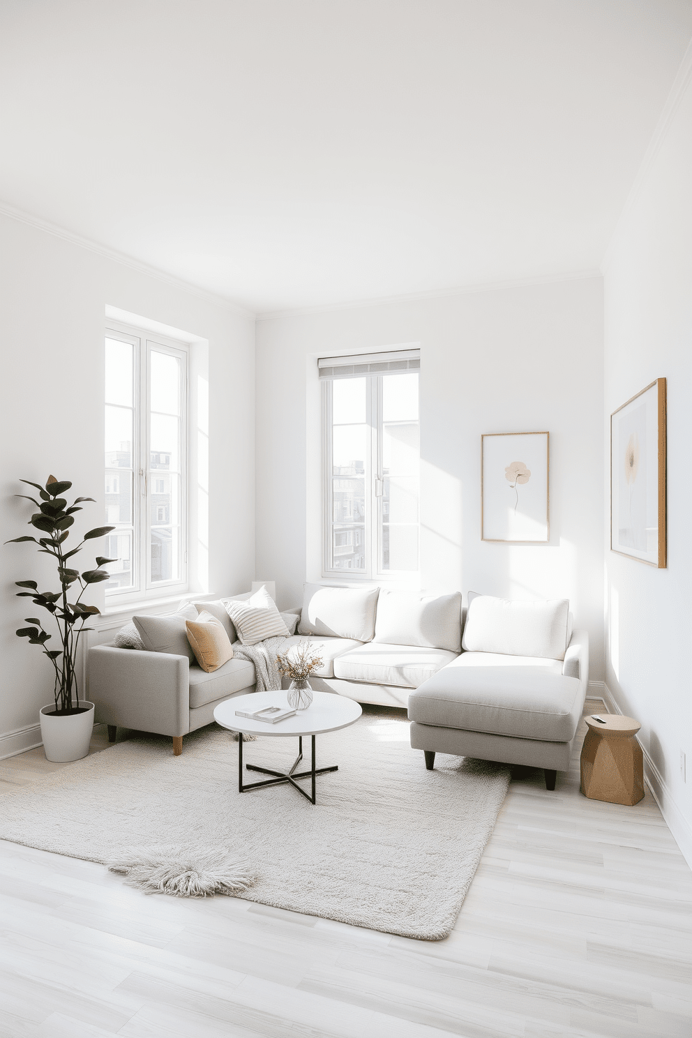 A serene living room in a 500 sqft apartment featuring walls painted in soft white to enhance natural light. The space includes a cozy sectional sofa in light gray, complemented by a minimalist coffee table and a plush area rug in neutral tones. In the corner, a small potted plant adds a pop of greenery, while large windows allow sunlight to flood the room. The decor is accented with delicate artwork in pastel shades, creating a harmonious and inviting atmosphere.