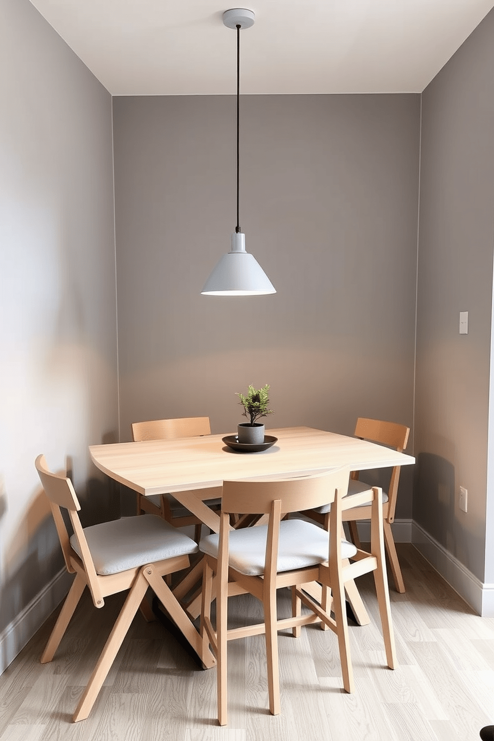 A modern dining area features a sleek foldable dining table made of light wood that can comfortably seat four. Surrounding the table are minimalist chairs with soft cushions, creating an inviting atmosphere in the 500 square foot apartment. The walls are painted in a soft gray, enhancing the sense of space and light. A stylish pendant light hangs above the table, casting a warm glow, while a small potted plant adds a touch of greenery to the corner.