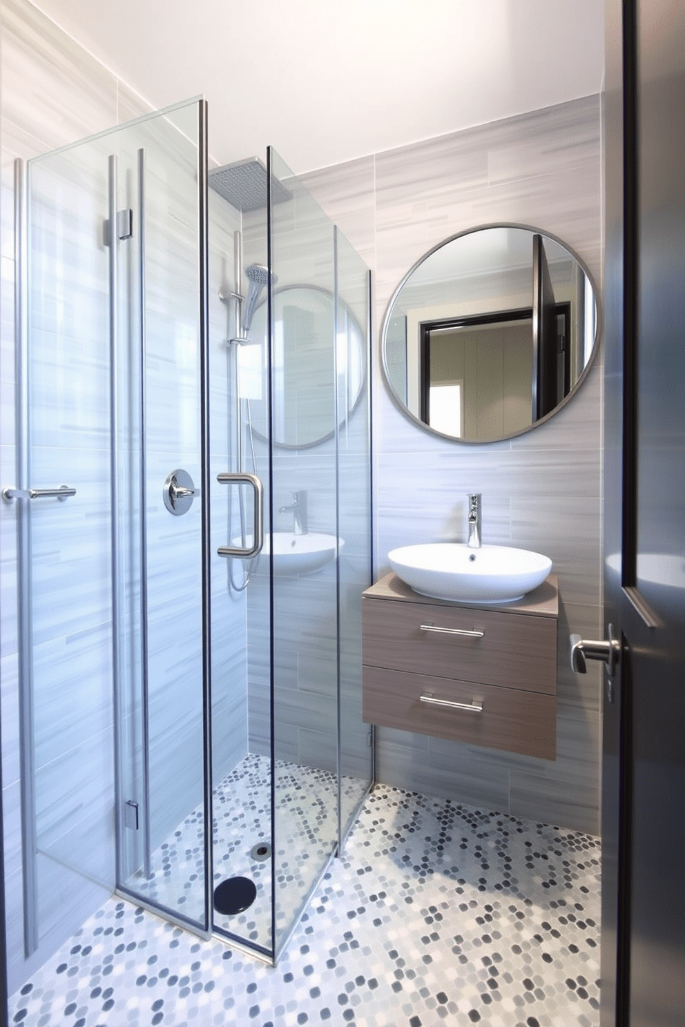 A compact shower with a sleek glass enclosure is the focal point of this 5x5 bathroom. The walls are adorned with light gray tiles, and the floor features a modern mosaic pattern in soft blues and whites. Adjacent to the shower, a small floating vanity with a white sink and brushed nickel fixtures provides functionality without sacrificing style. A large round mirror above the vanity enhances the sense of space and reflects natural light from a nearby window.