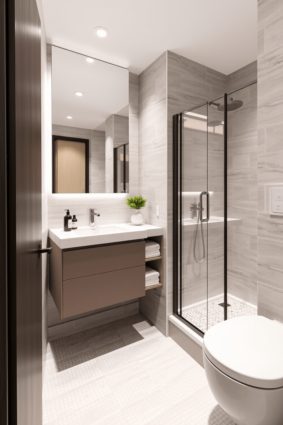 A modern 5x5 bathroom featuring a pocket door that seamlessly blends into the wall for space-saving access. The design includes a sleek floating vanity with a quartz countertop and a large mirror above that enhances the sense of space. The walls are adorned with light gray tiles, while the floor showcases a chic mosaic pattern for added texture. A compact shower area with glass doors is thoughtfully integrated, alongside stylish storage solutions to keep the space organized.