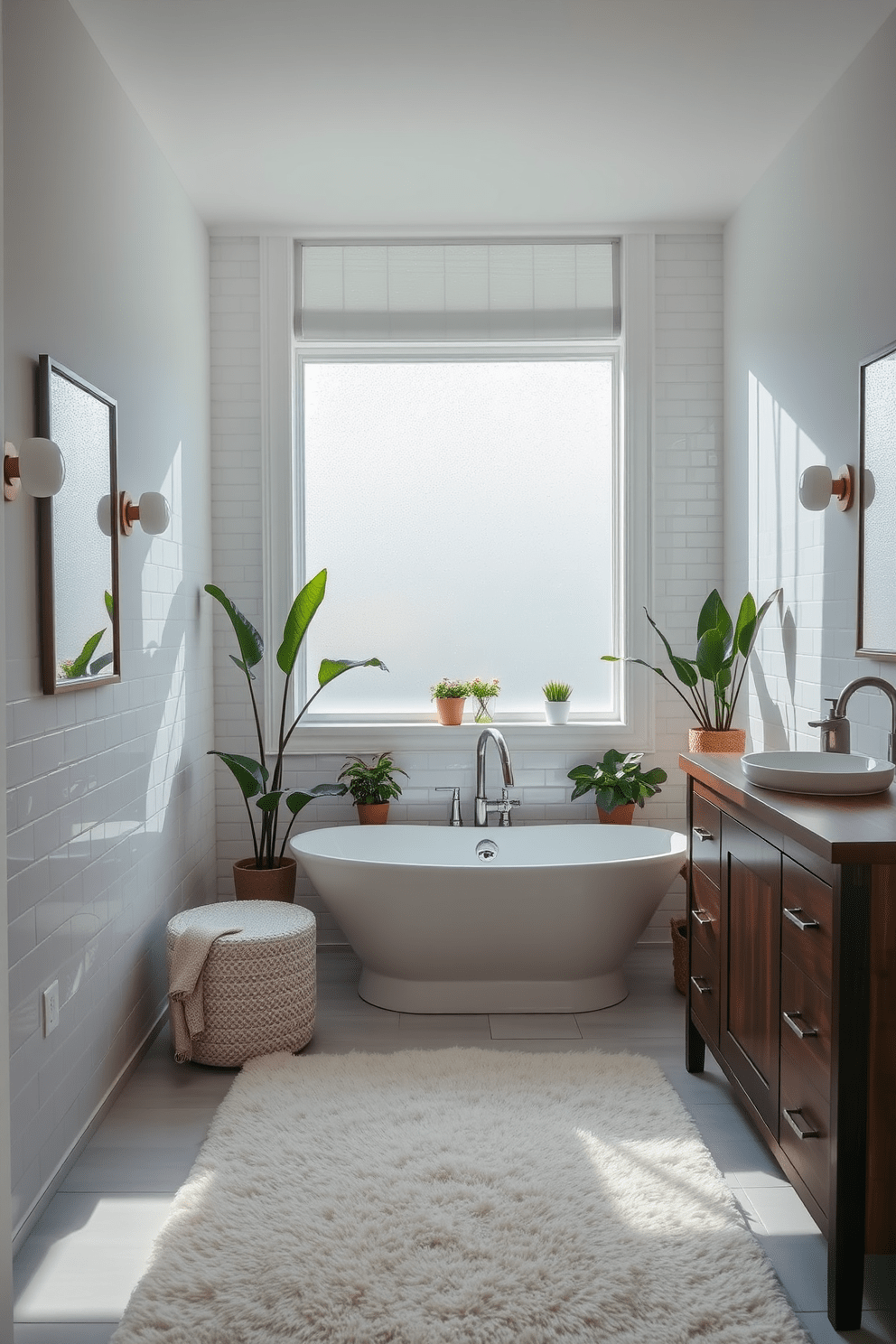 A serene bathroom oasis filled with natural light streaming through a frosted window. The space features a freestanding soaking tub positioned under the window, surrounded by potted plants for a touch of greenery. Elegant white subway tiles line the walls, contrasting beautifully with a rich walnut vanity that includes a vessel sink. A plush area rug in soft neutrals adds warmth to the cool tones of the room.