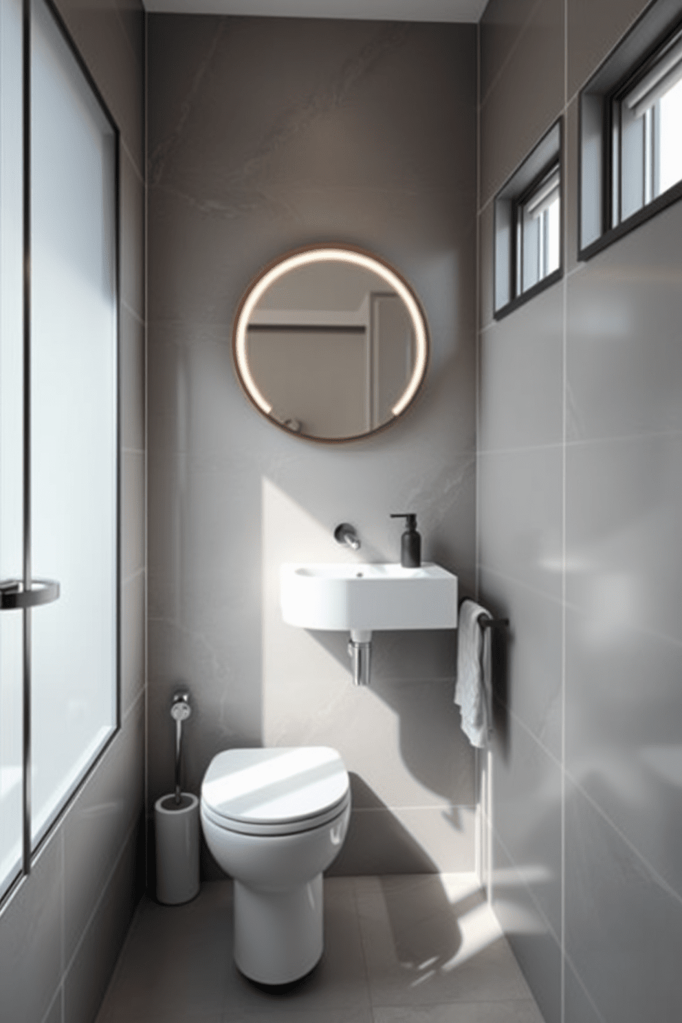 A compact toilet with a sleek modern design is positioned in the corner of a stylish 5x5 bathroom. The walls are adorned with large-format tiles in a soft gray tone, and a minimalist floating vanity complements the overall aesthetic. Natural light streams in through a frosted glass window, enhancing the airy feel of the space. A round mirror with integrated lighting hangs above the vanity, adding a touch of elegance to the compact design.